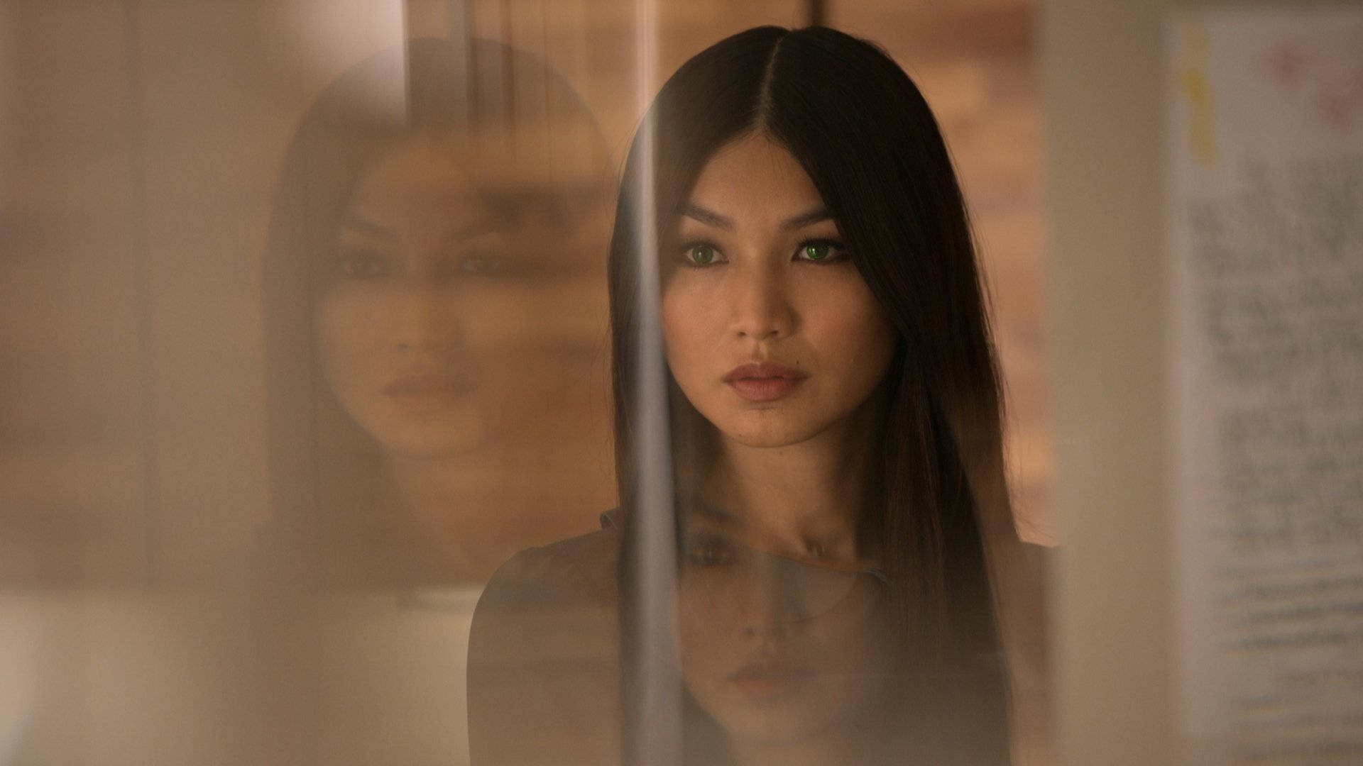 Gemma Chan, smoky glass pane, blurred reflection, Full HD Desktop Wallpaper