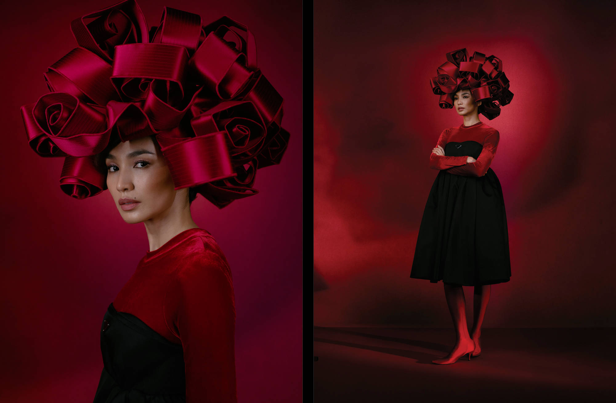 Gemma Chan, dramatic red bow headdress, deep red studio backdrop, Full HD Desktop Wallpaper