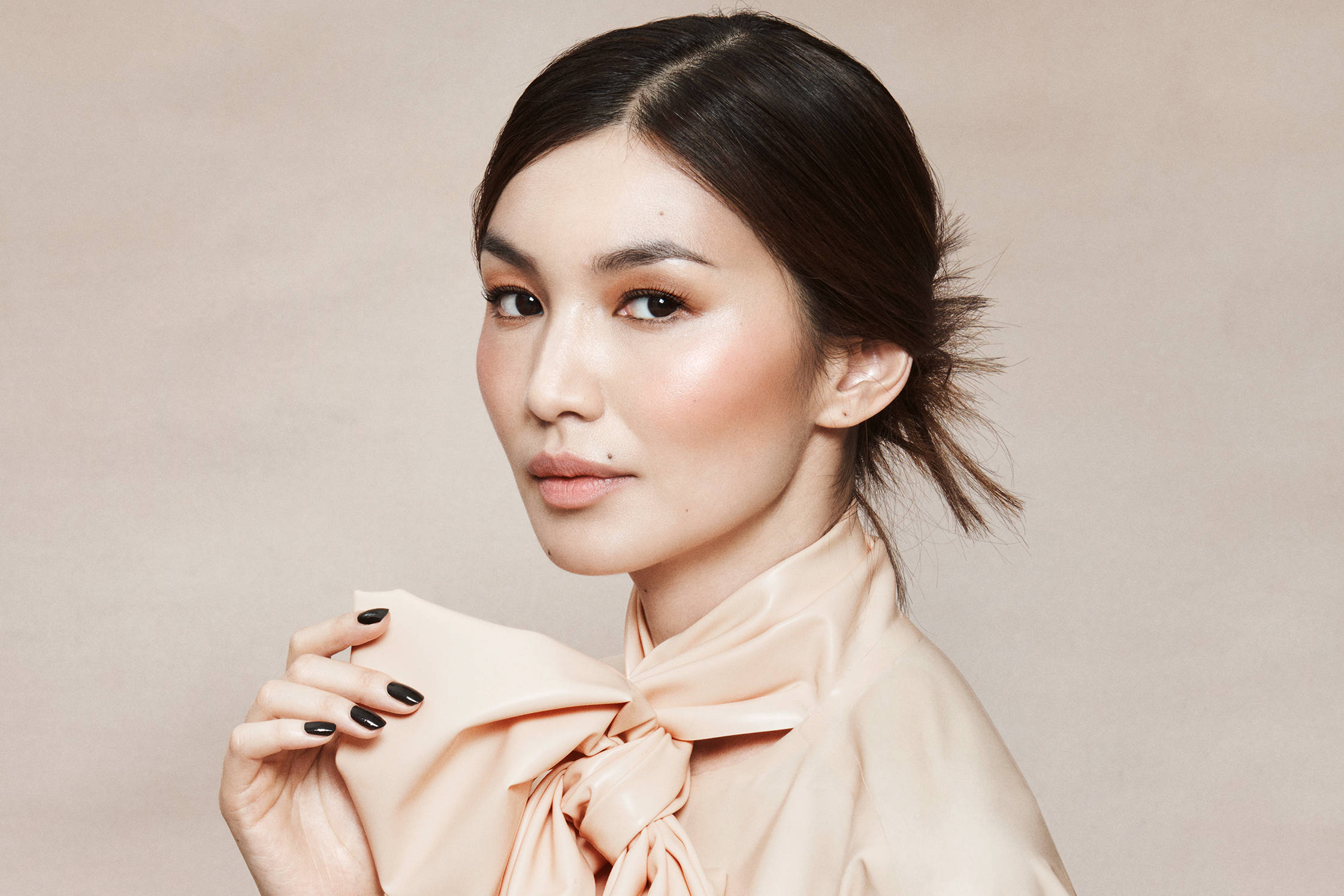 Gemma Chan, peach silk scarf, black nails, Full HD Desktop Wallpaper