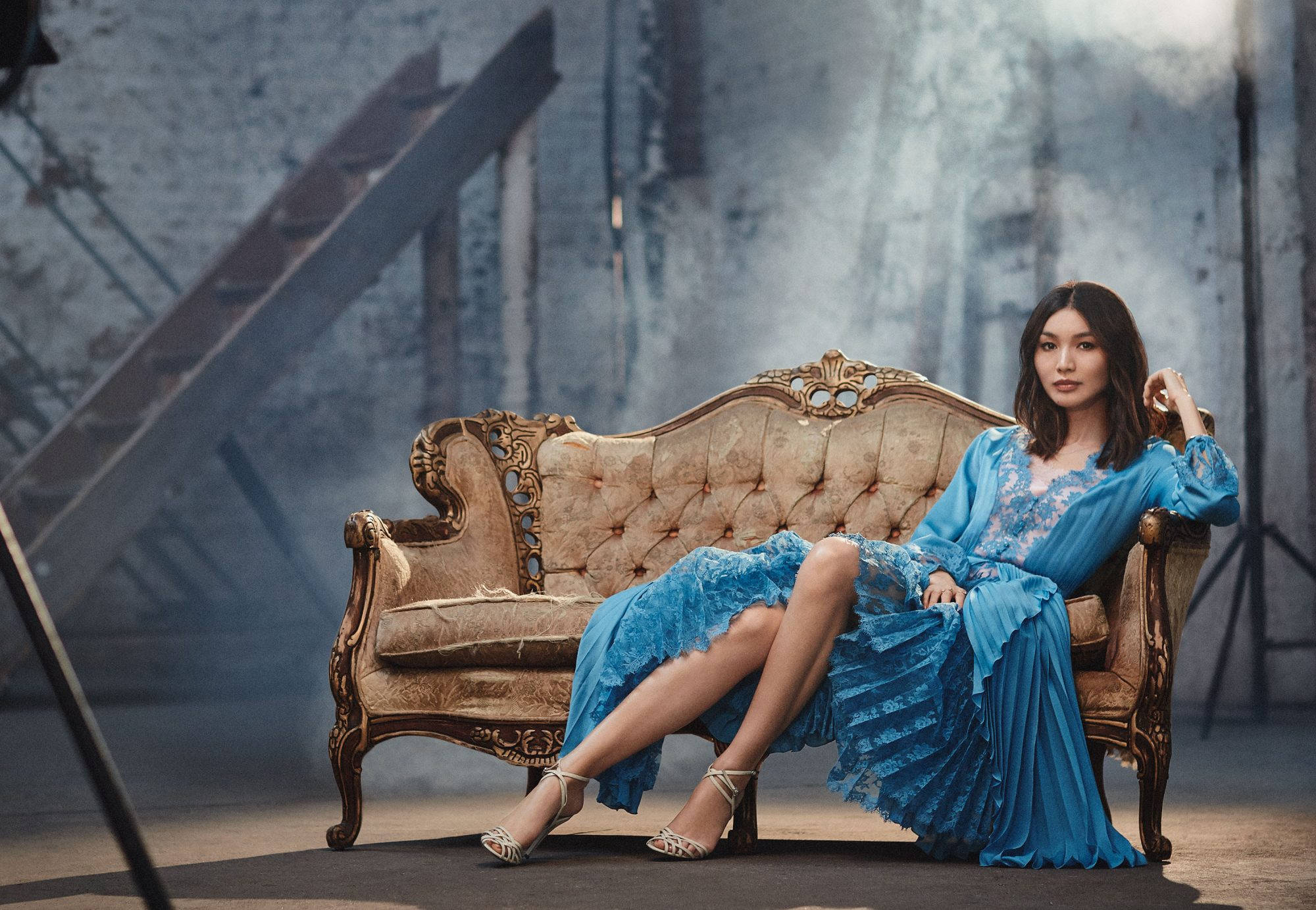 Gemma Chan, blue dress, ornate vintage sofa, Full HD Desktop Wallpaper