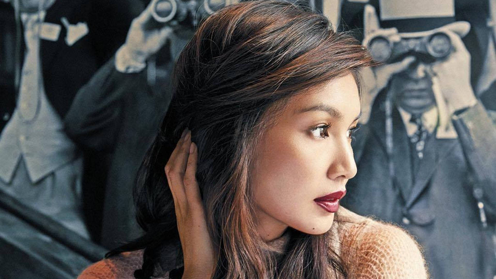 Gemma Chan, dark hair, red lips, Full HD Desktop Wallpaper