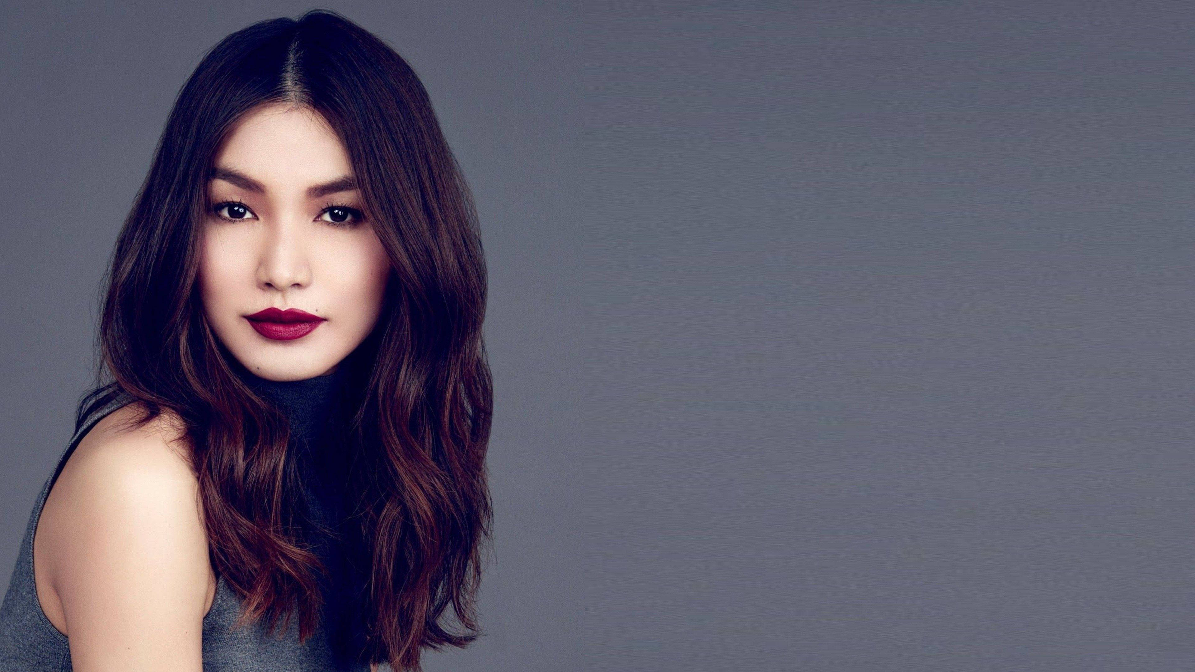 Gemma Chan, dark wavy hair, bold red lips, 4K Desktop Wallpaper