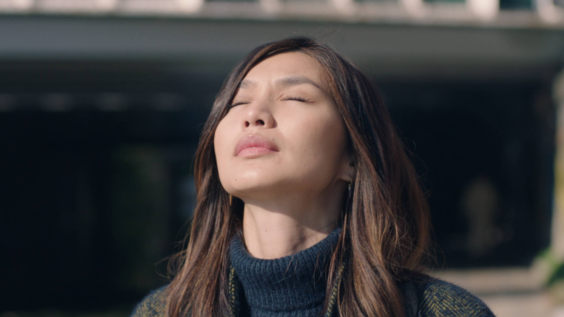 Gemma Chan, dark turtleneck, warm sunlight, Full HD Desktop Wallpaper