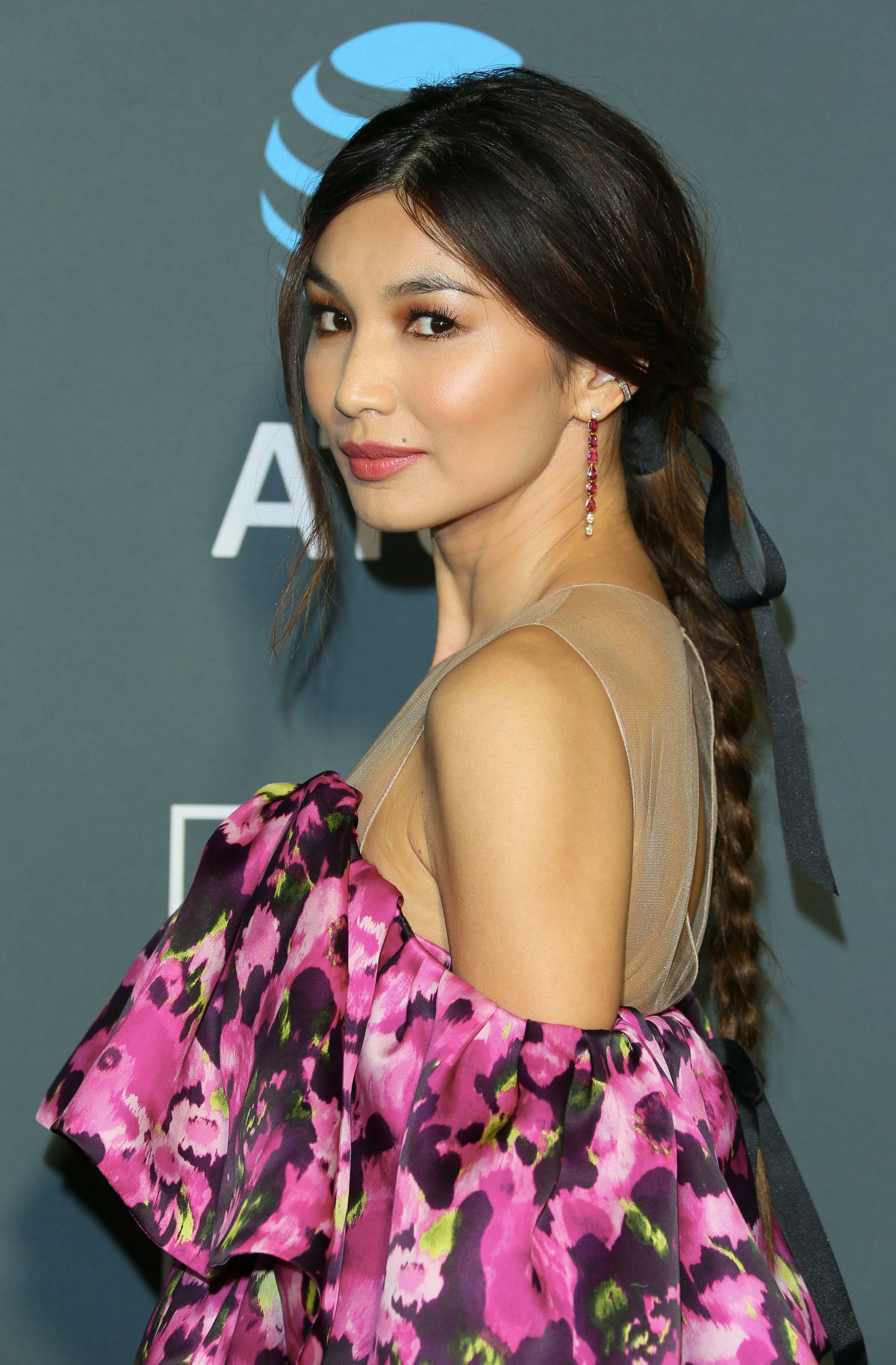 Gemma Chan, vibrant pink floral dress, side braid, 2K Phone Wallpaper