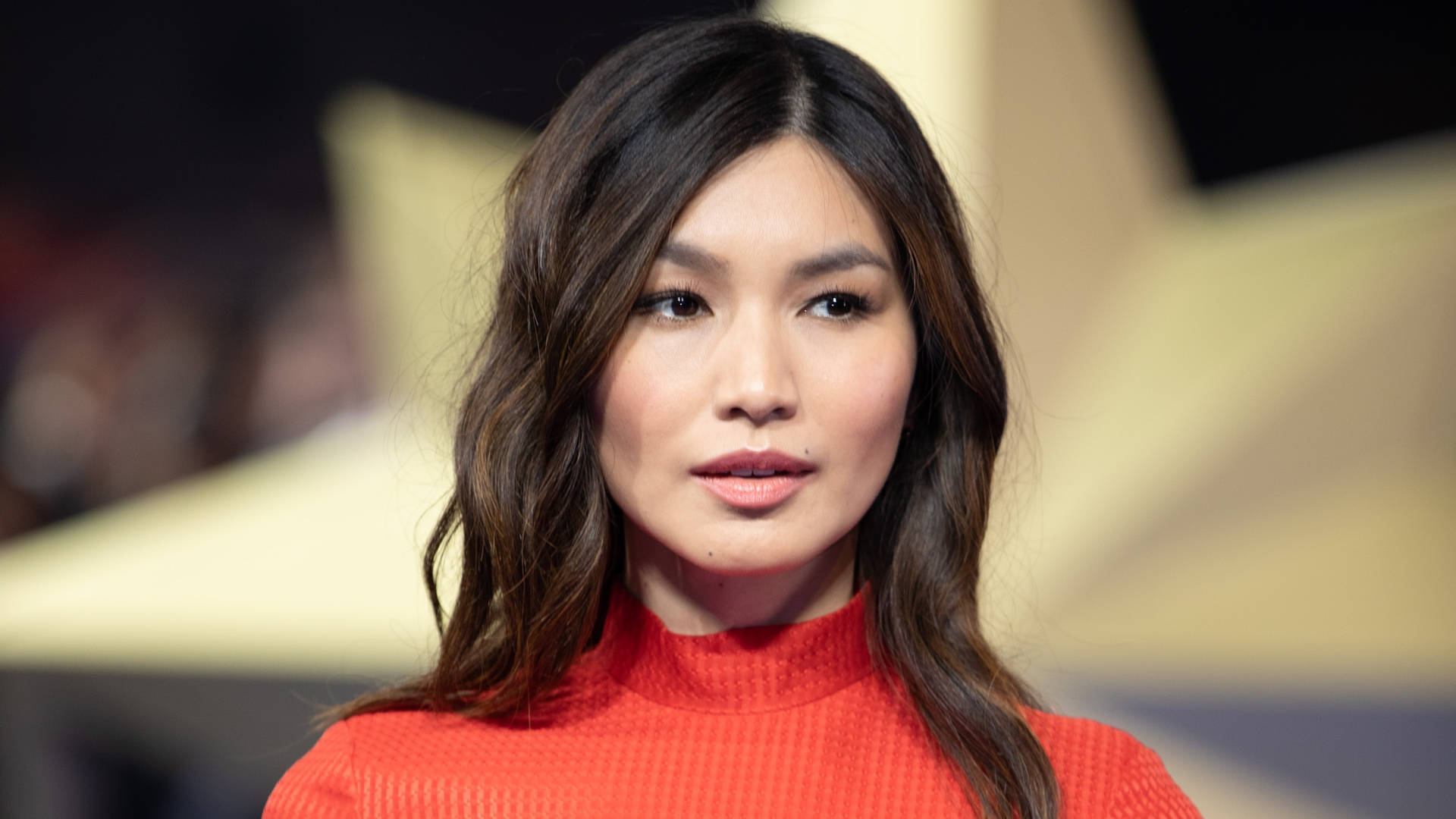 Gemma Chan, curly gemma chan, vibrant red turtleneck, Full HD Desktop Wallpaper