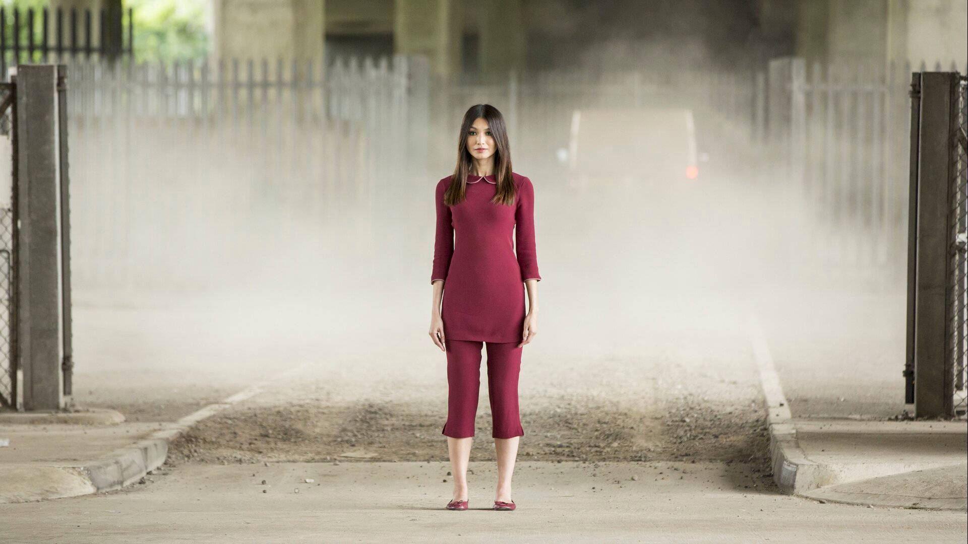 Gemma Chan, maroon dress, dusty urban alleyway, Full HD Desktop Wallpaper