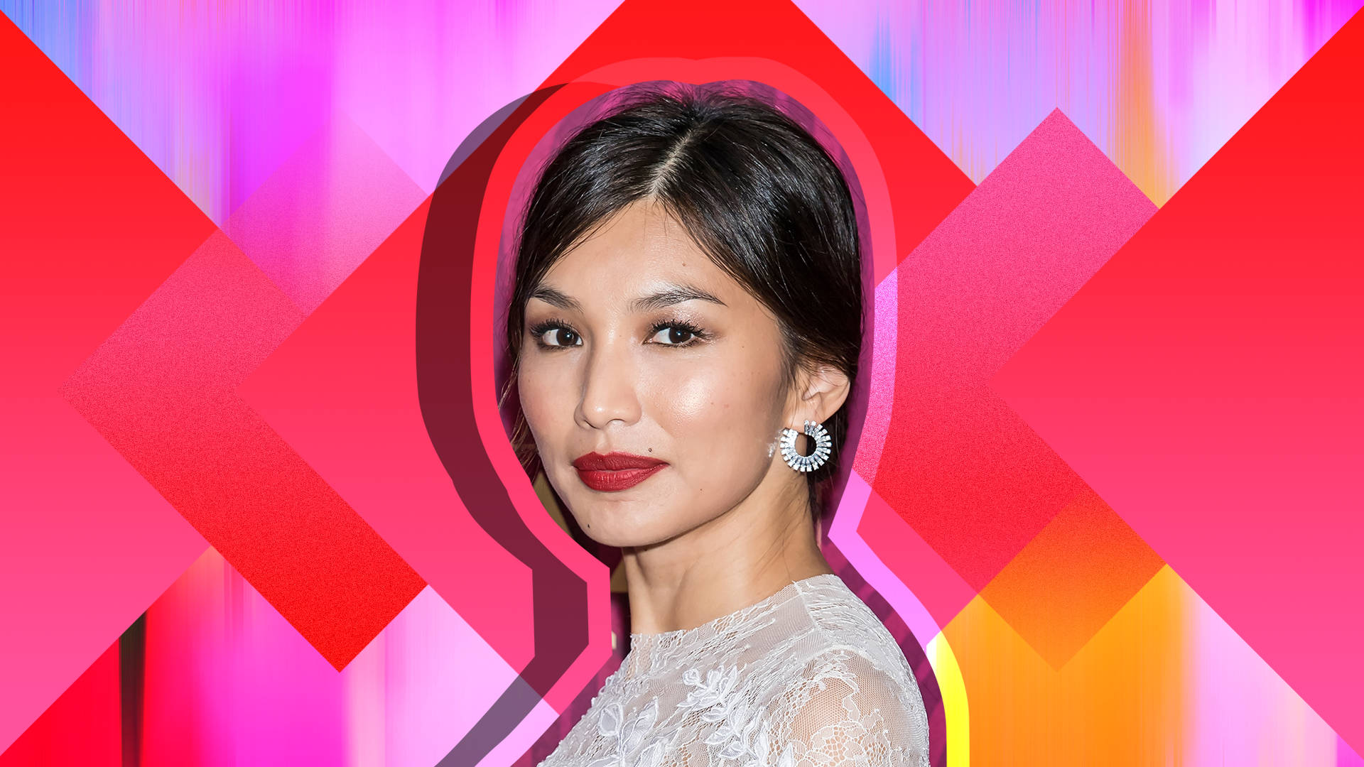 Gemma Chan, dark hair, red lipstick, Full HD Desktop Wallpaper