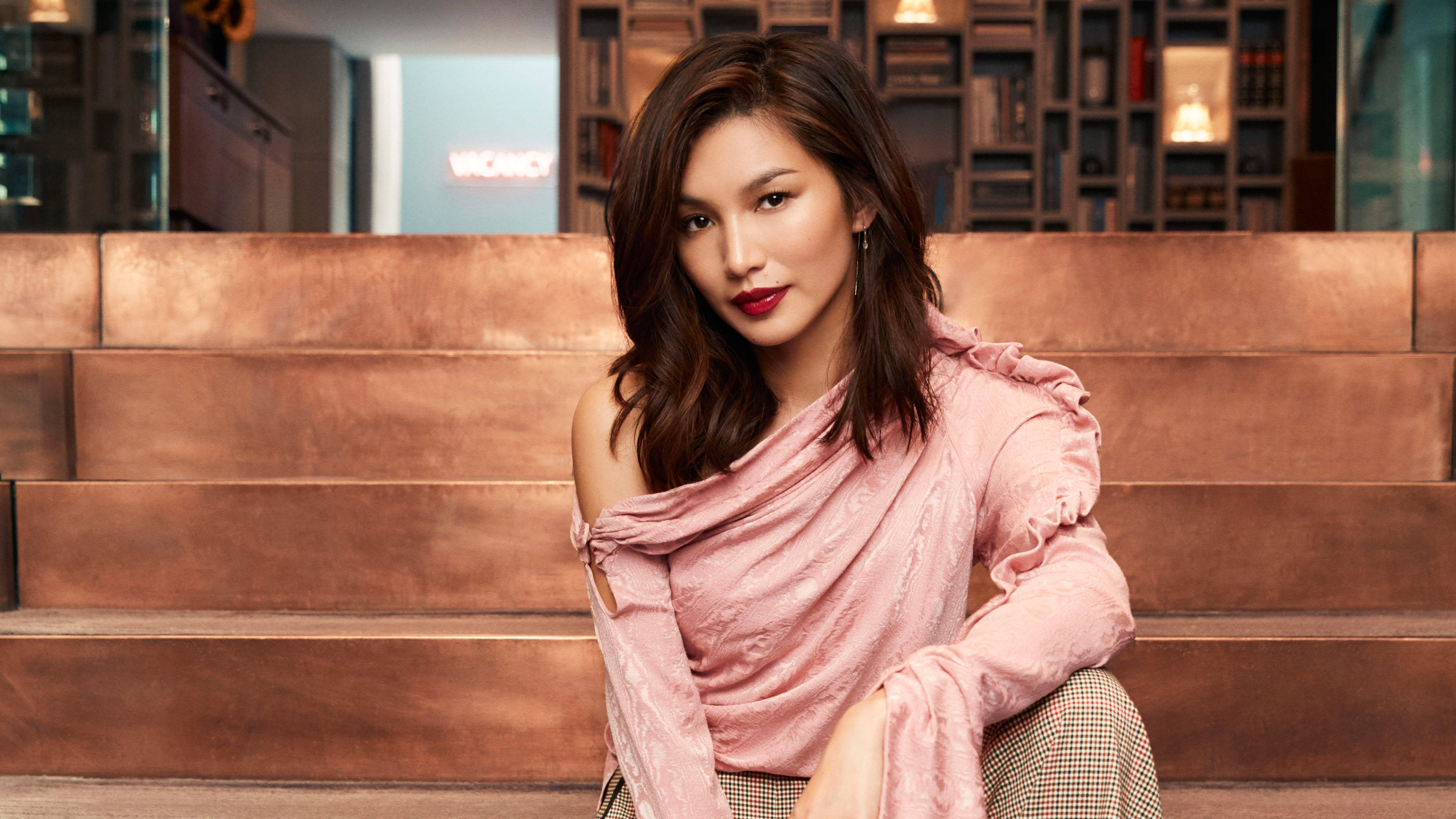Gemma Chan, dark hair, red lips, 4K Desktop Wallpaper