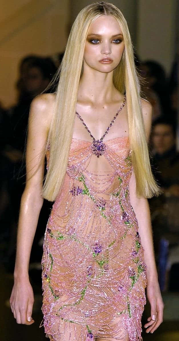 Gemma Ward, shimmering pink beaded gown, floral embroidery, SD Phone Wallpaper