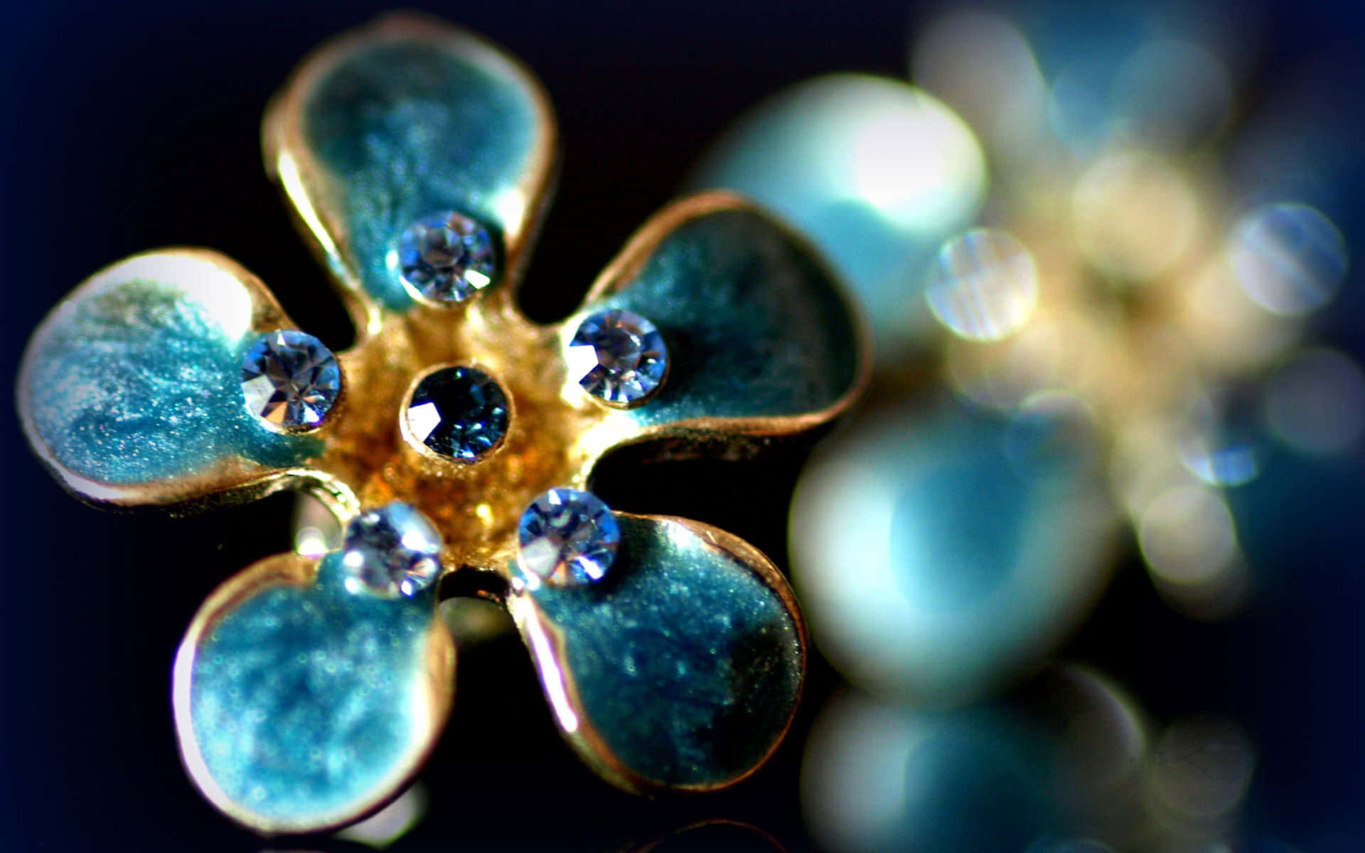 blue enamel flower brooch, sparkling gemstones, dark blurred background, Full HD Desktop Wallpaper