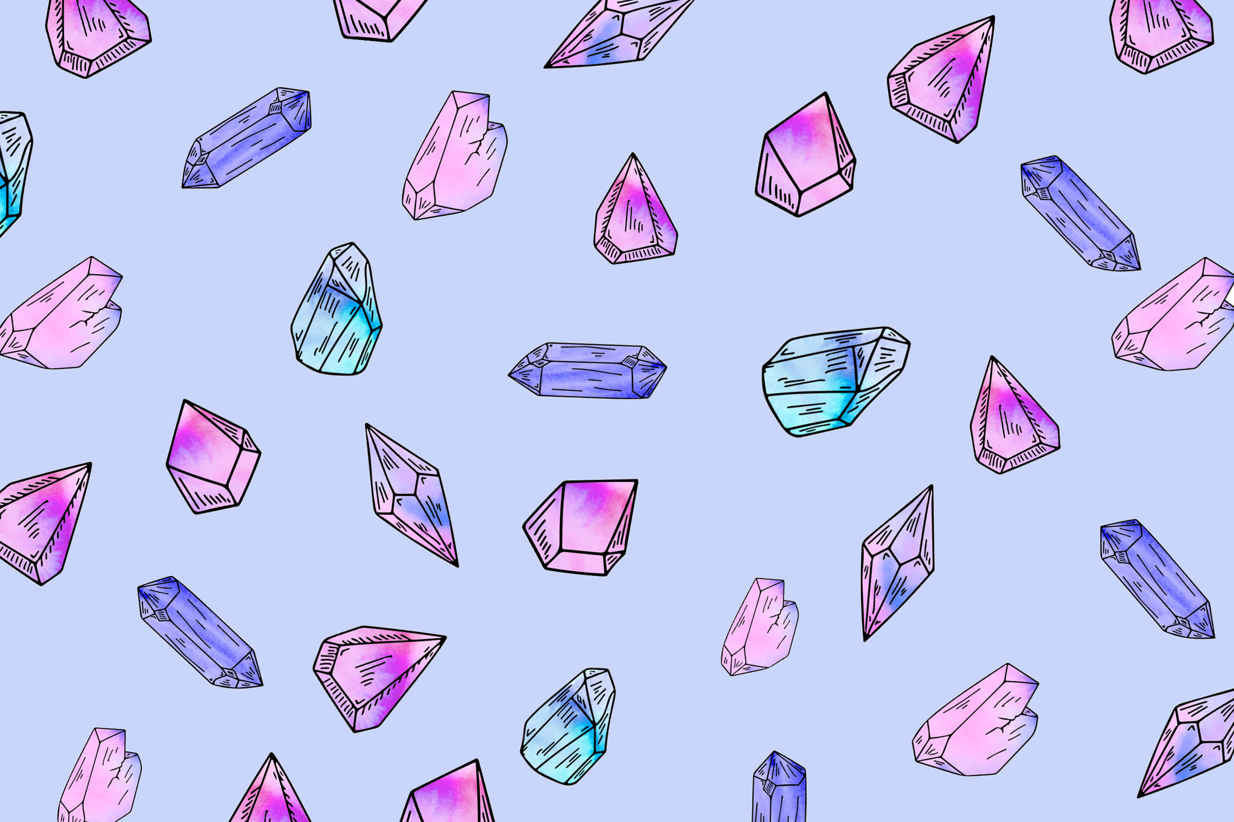 pastel-colored crystal gems, soft lavender sky, hand-drawn outlines, Full HD Desktop Wallpaper
