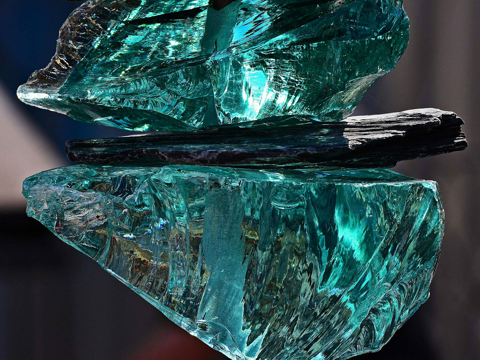 teal glass shards, dark slate slab, sharp reflections, HD Desktop Wallpaper