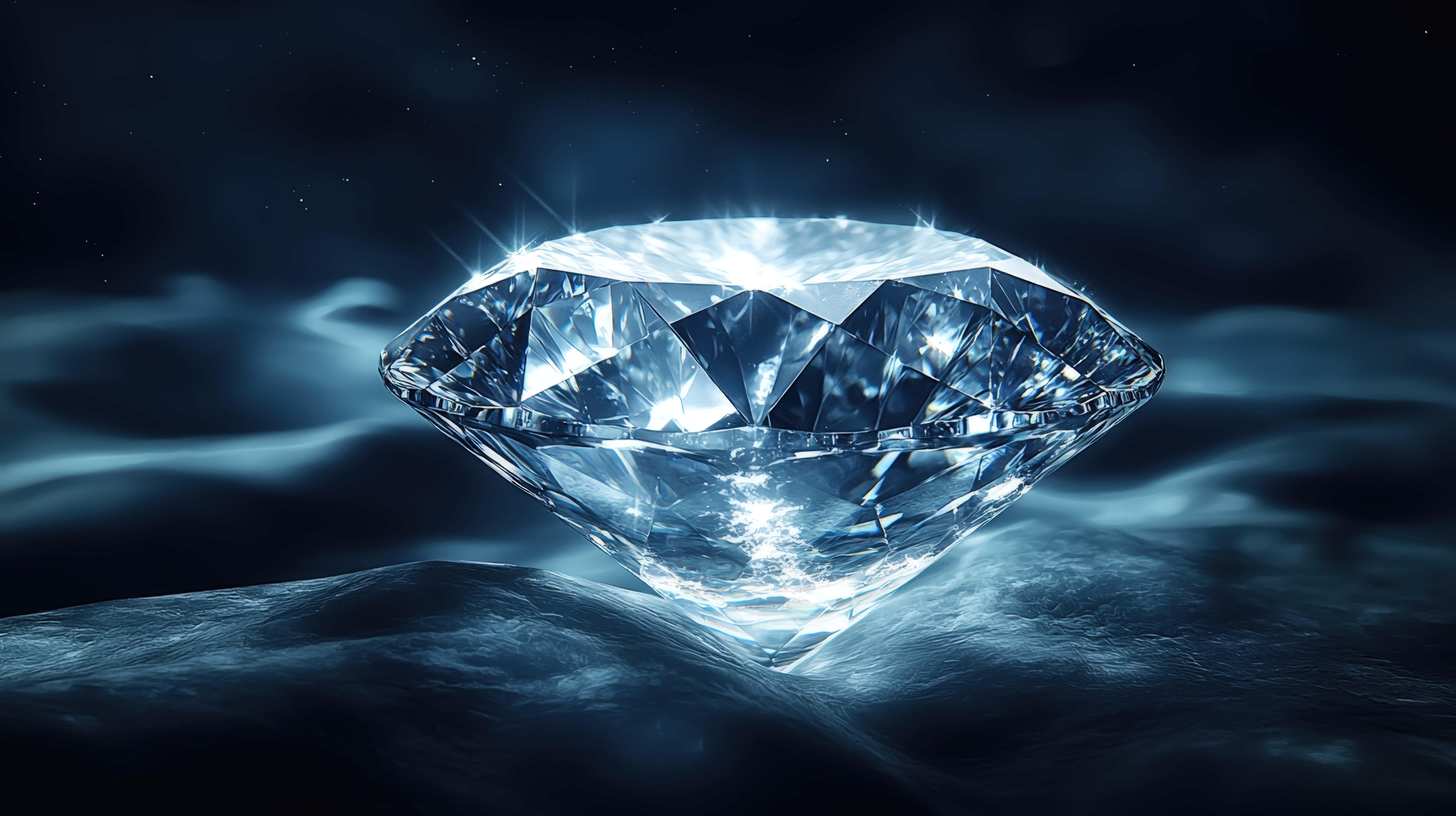 glowing diamond, dark stormy blue sky, turbulent clouds, 8K Desktop Wallpaper