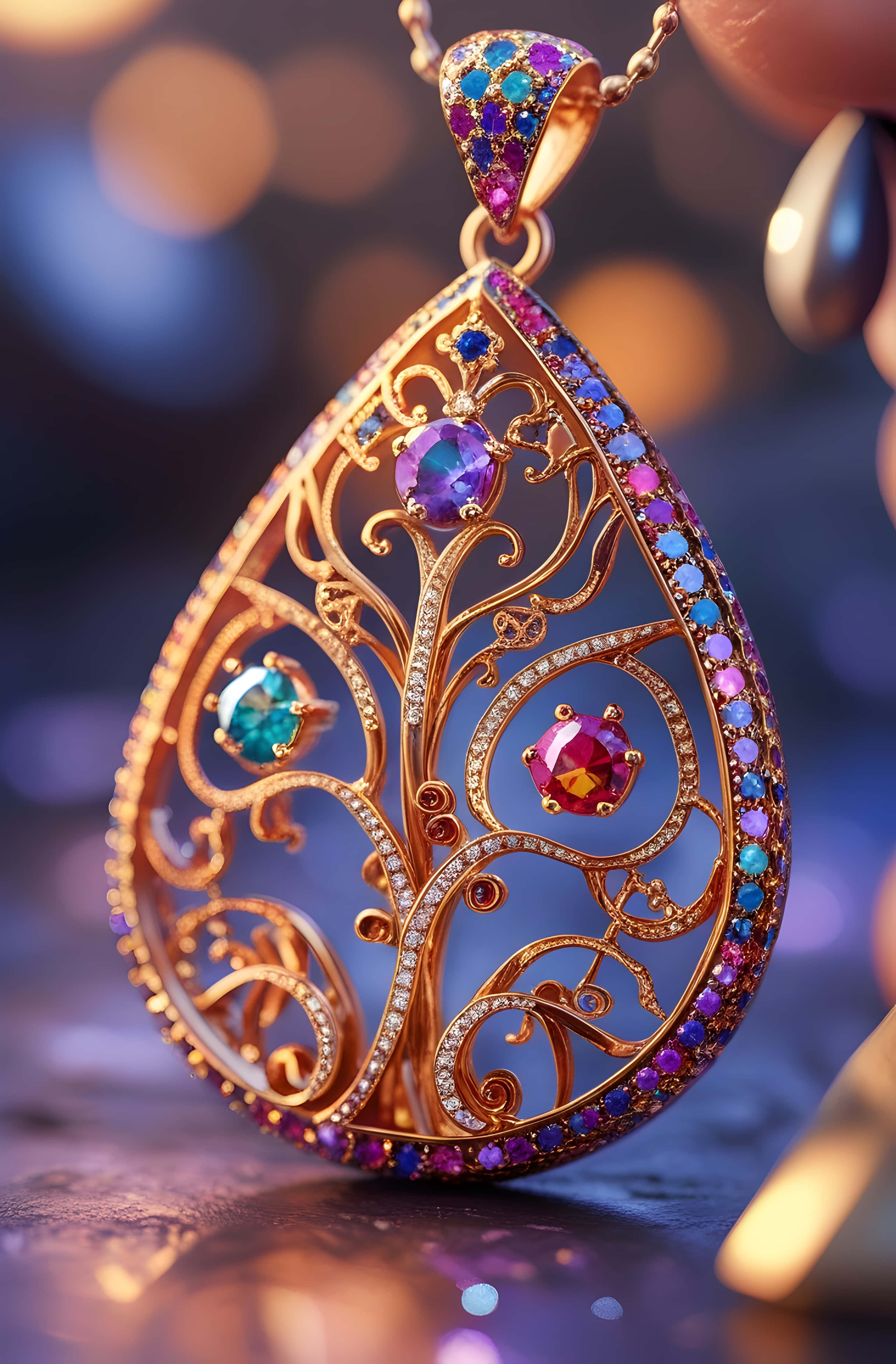 blue sapphire, tree of life, teardrop gold pendant, 4K Phone Wallpaper