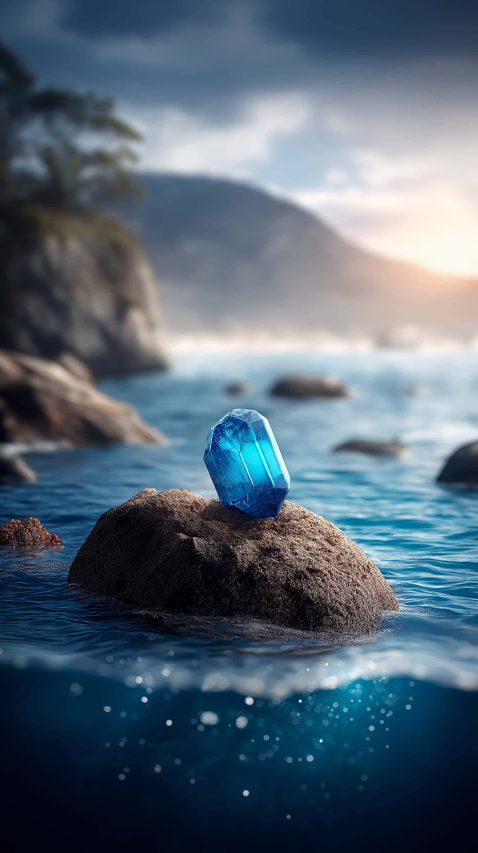 enchanted water gem, glowing blue crystal, submerged rock, 2K Phone Wallpaper