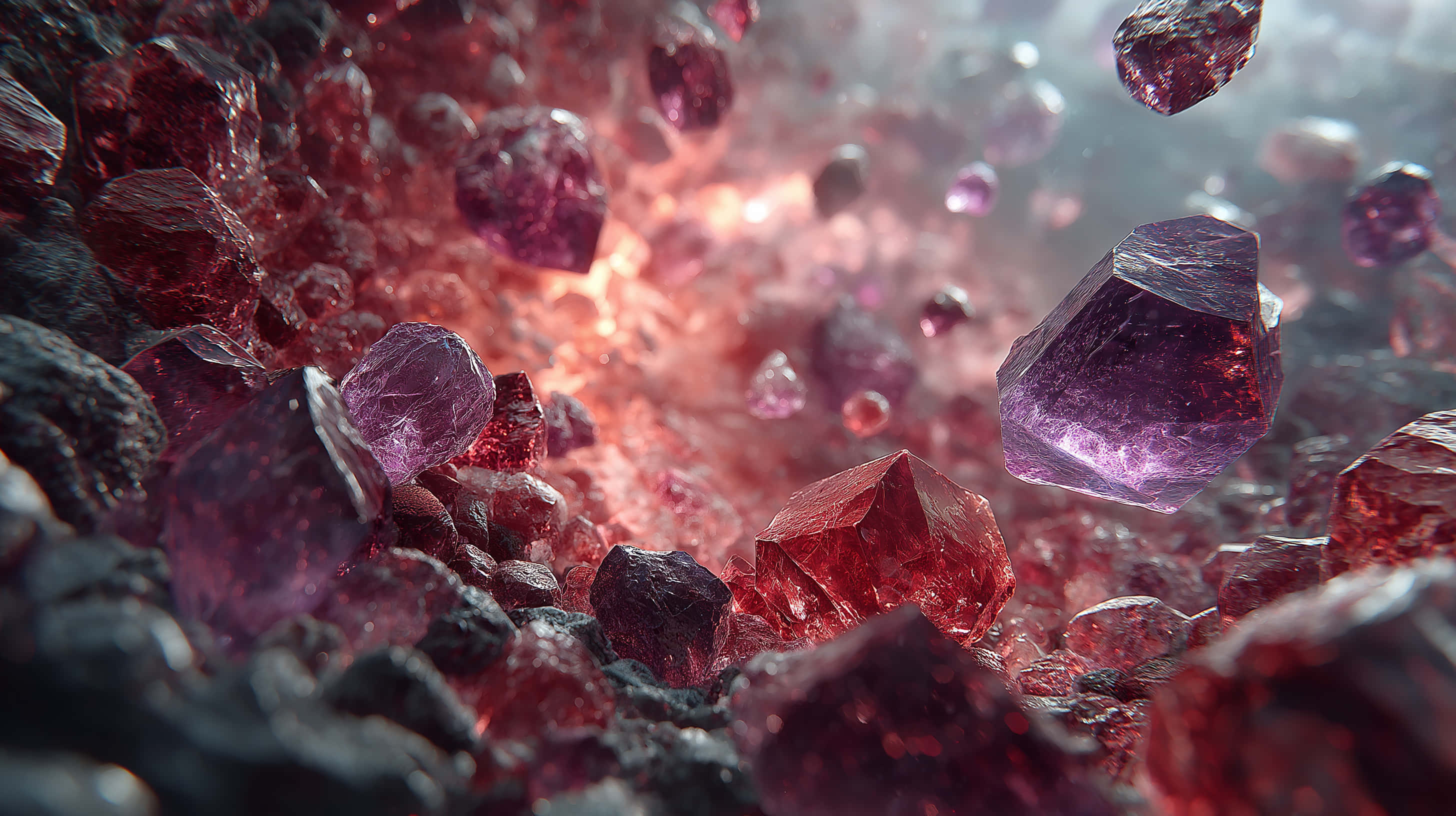 floating crystals, volcanic terrain, glistening red and purple gemstones, 2K Desktop Wallpaper