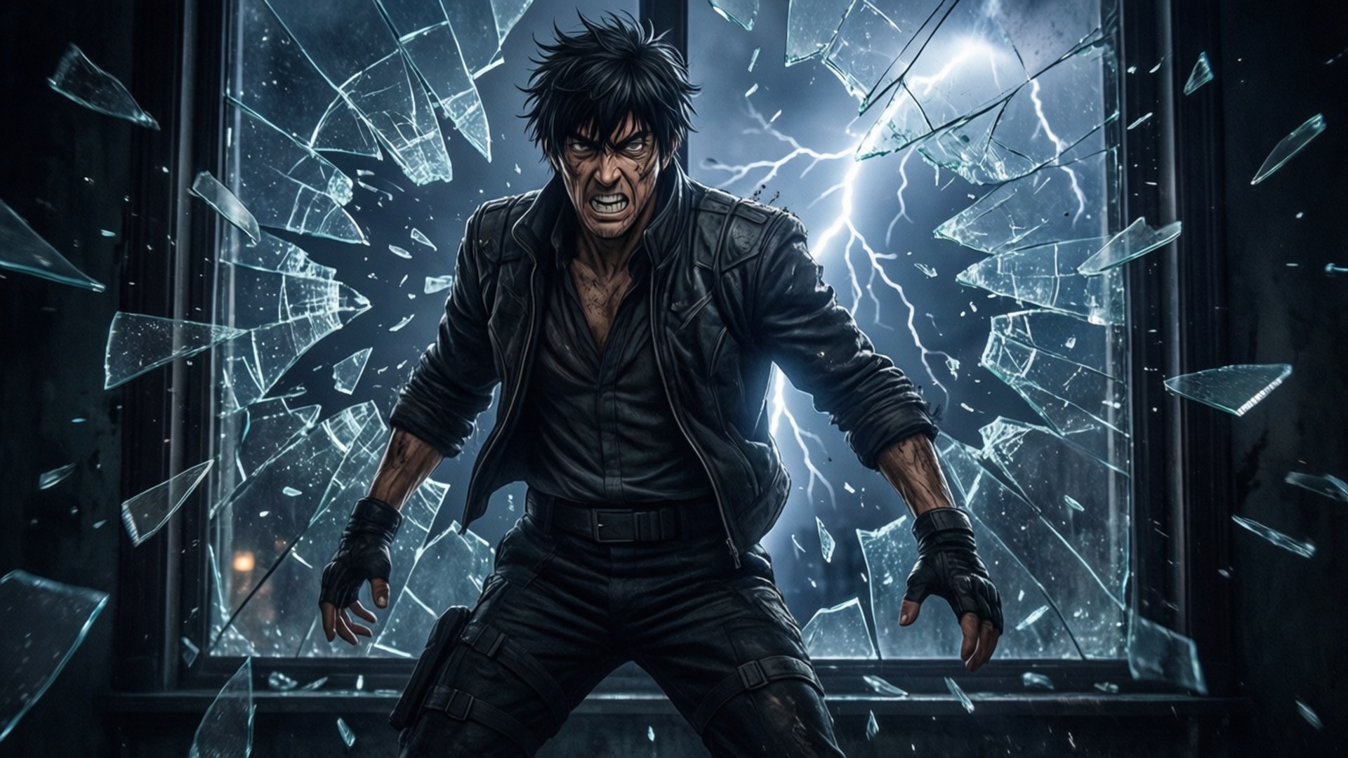 Gen Asagiri, shattered glass, lightning, Full HD Desktop Wallpaper