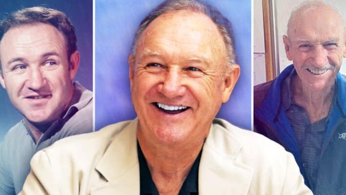 Gene Hackman, blue background, smiling portraits, SD Desktop Wallpaper