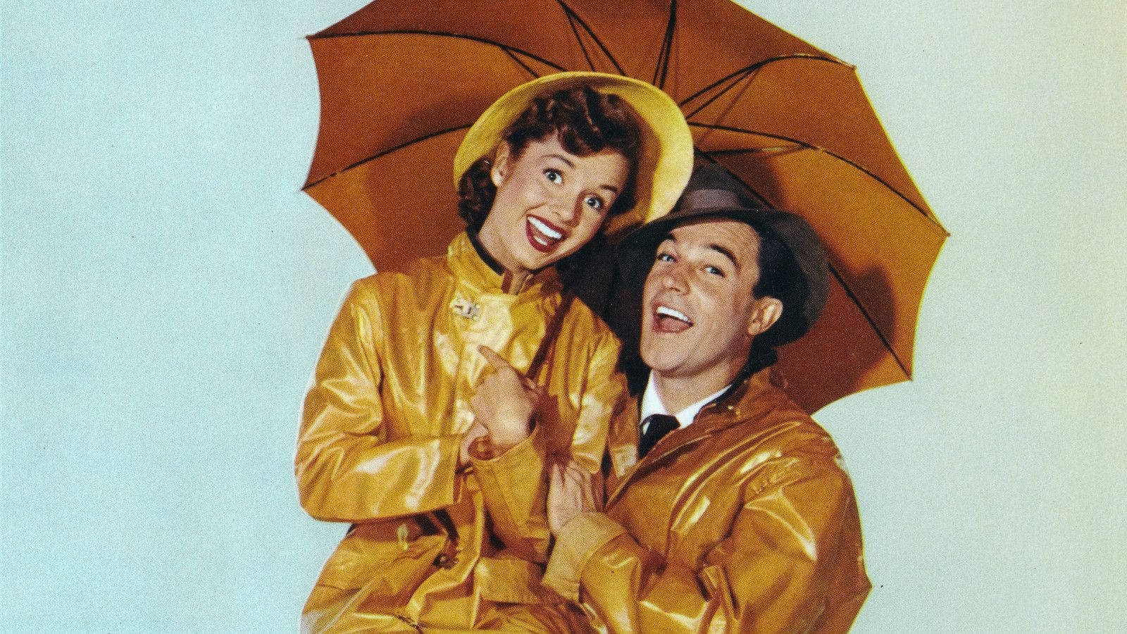 Gene Kelly, shiny gold raincoats, hats, HD Desktop Wallpaper