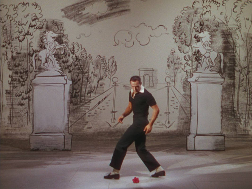 Gene Kelly, black suit, hand-drawn park backdrop, SD Desktop Wallpaper