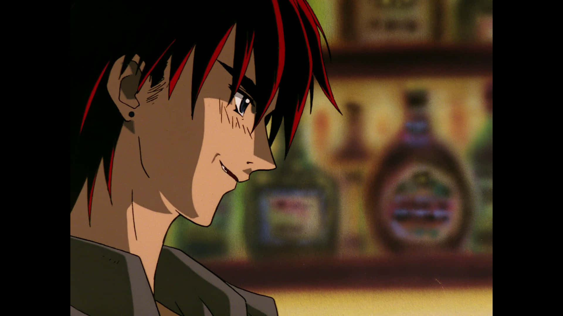 Gene Starwind, spiky black and red hair, dimly lit bar, Full HD Desktop Wallpaper