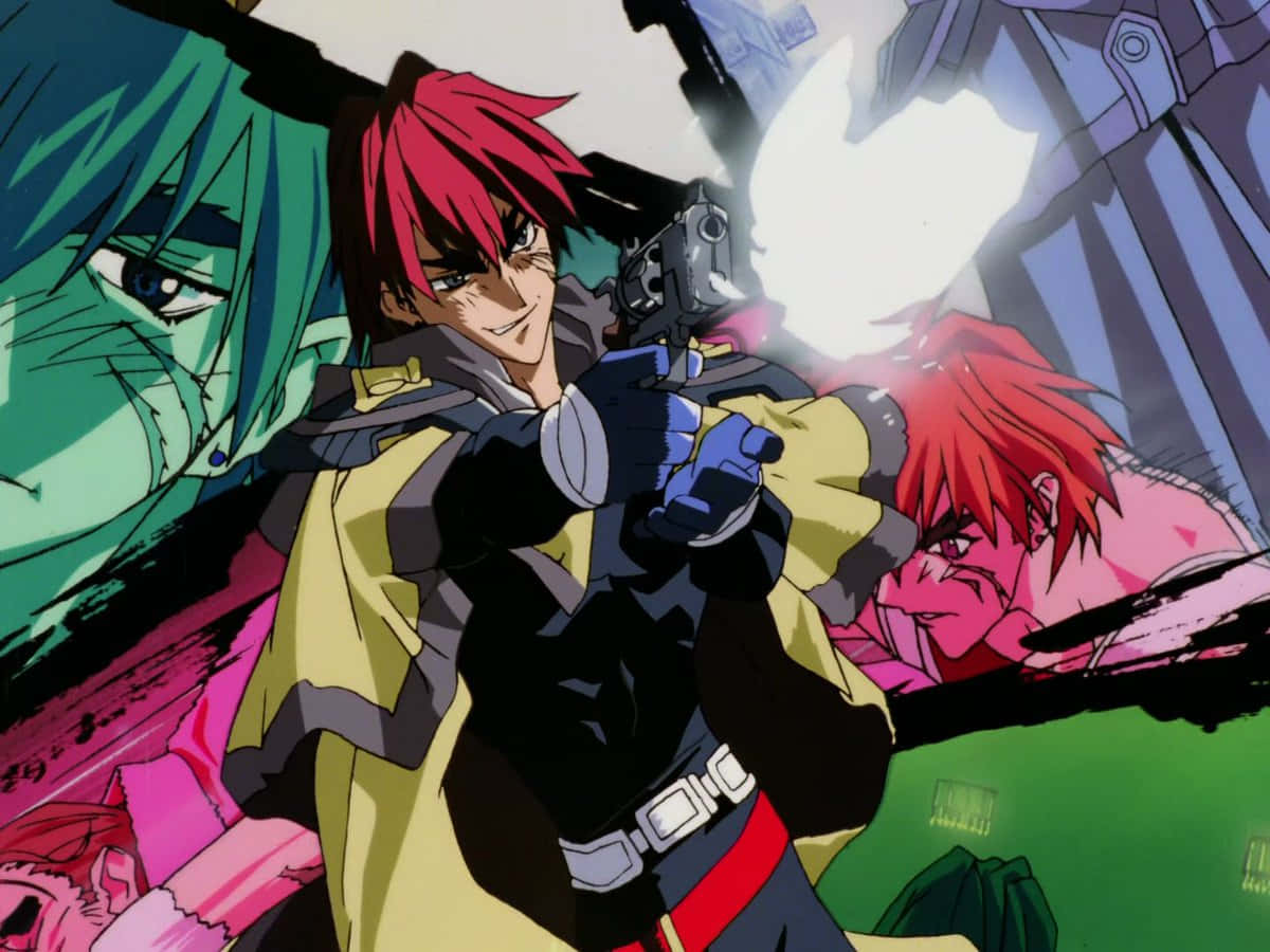 Gene Starwind, red-haired anime warrior, glowing pistol, SD Desktop Wallpaper