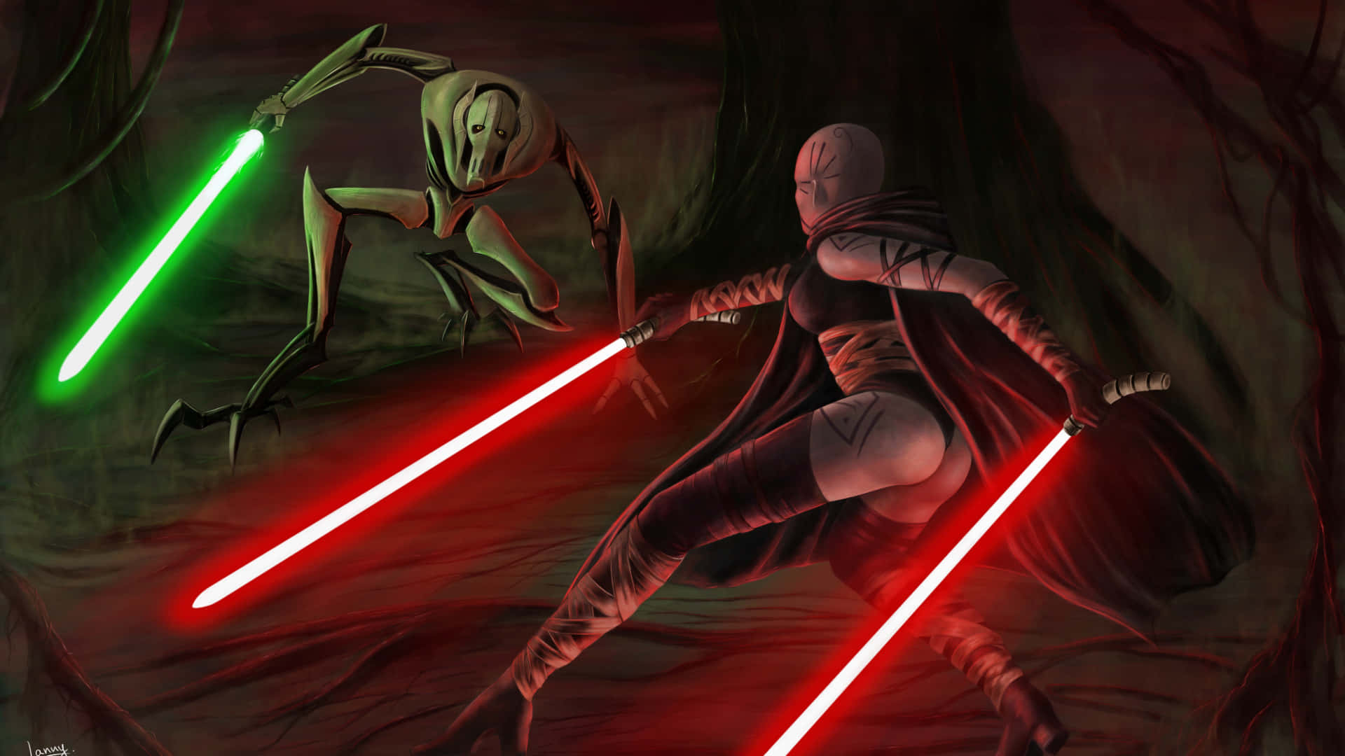 General Grievous, red lightsabers, green lightsaber, Full HD Desktop Wallpaper