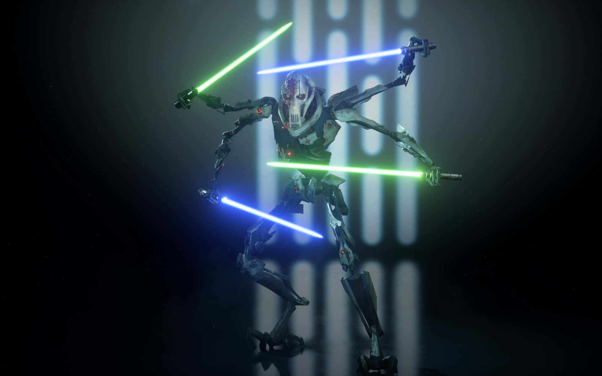 General Grievous, green and blue, four glowing lightsabers, Full HD Desktop Wallpaper