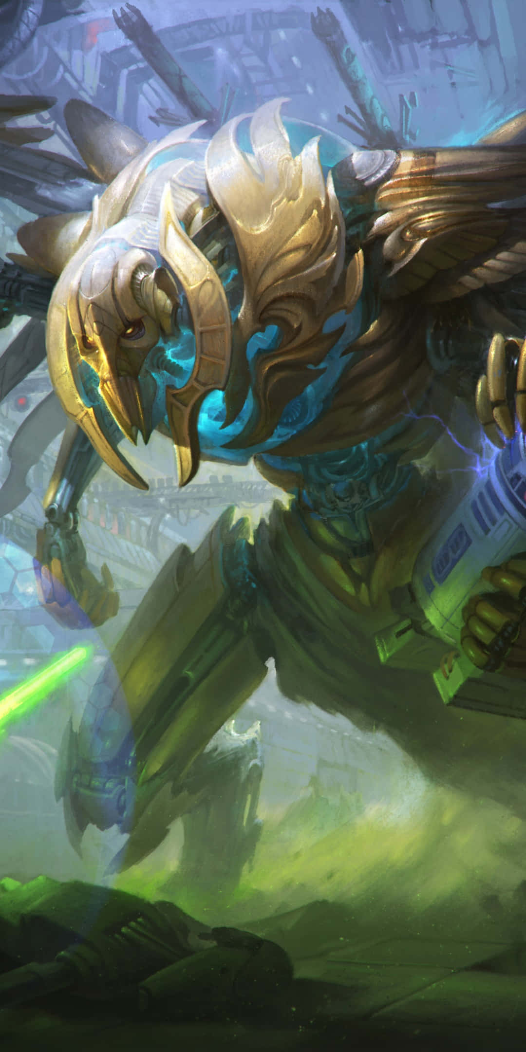 General Grievous, golden and blue energy flows, glowing green blade, Full HD Phone Wallpaper
