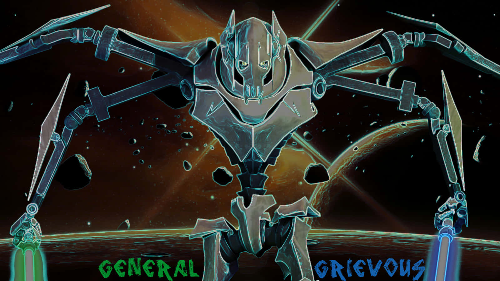 General Grievous, glowing blue accents, space, HD Desktop Wallpaper
