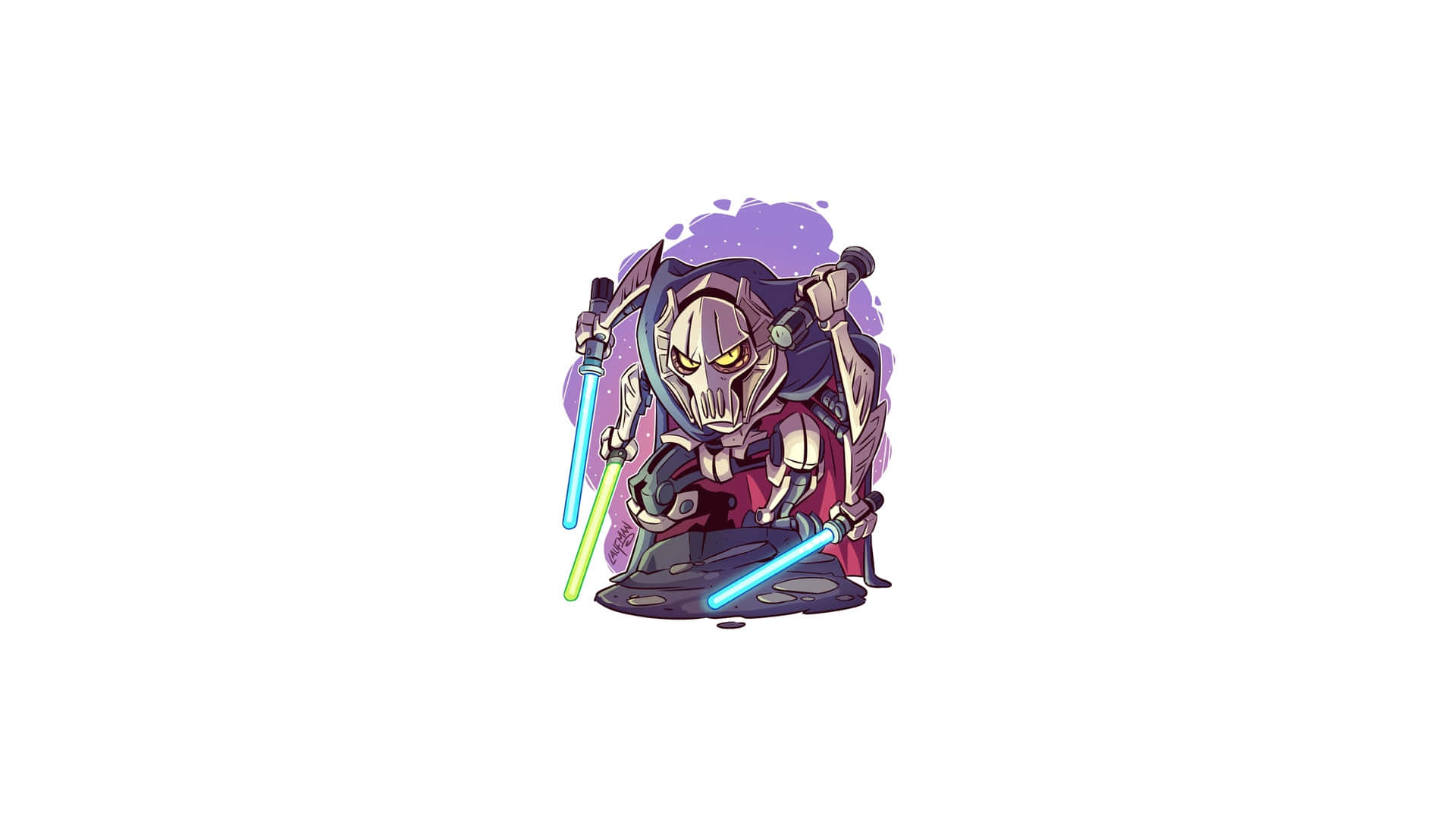 General Grievous, chibi-style, glowing blue and green lightsabers, Full HD Desktop Wallpaper