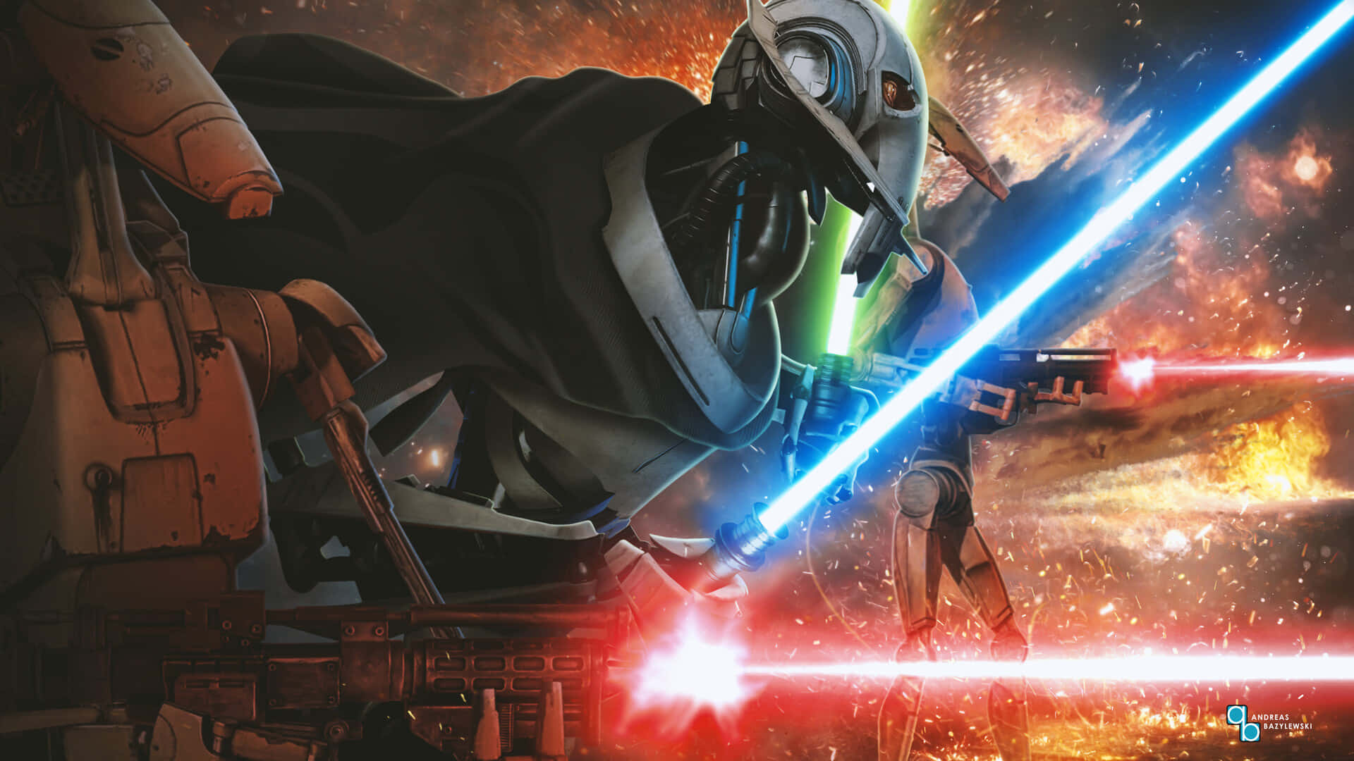 General Grievous, blue and red lightsabers, black cape, Full HD Desktop Wallpaper
