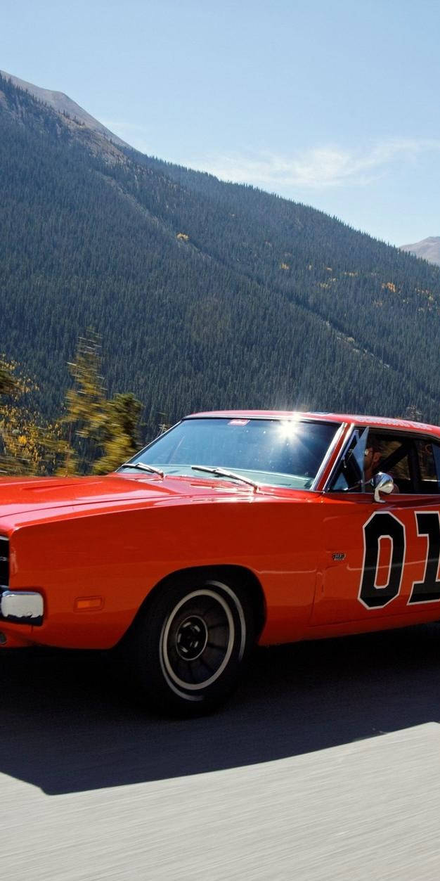 General Lee, red and orange car, classic muscle car, SD Phone Wallpaper