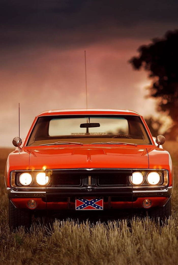 General Lee, vibrant red, glowing headlights, SD Phone Wallpaper