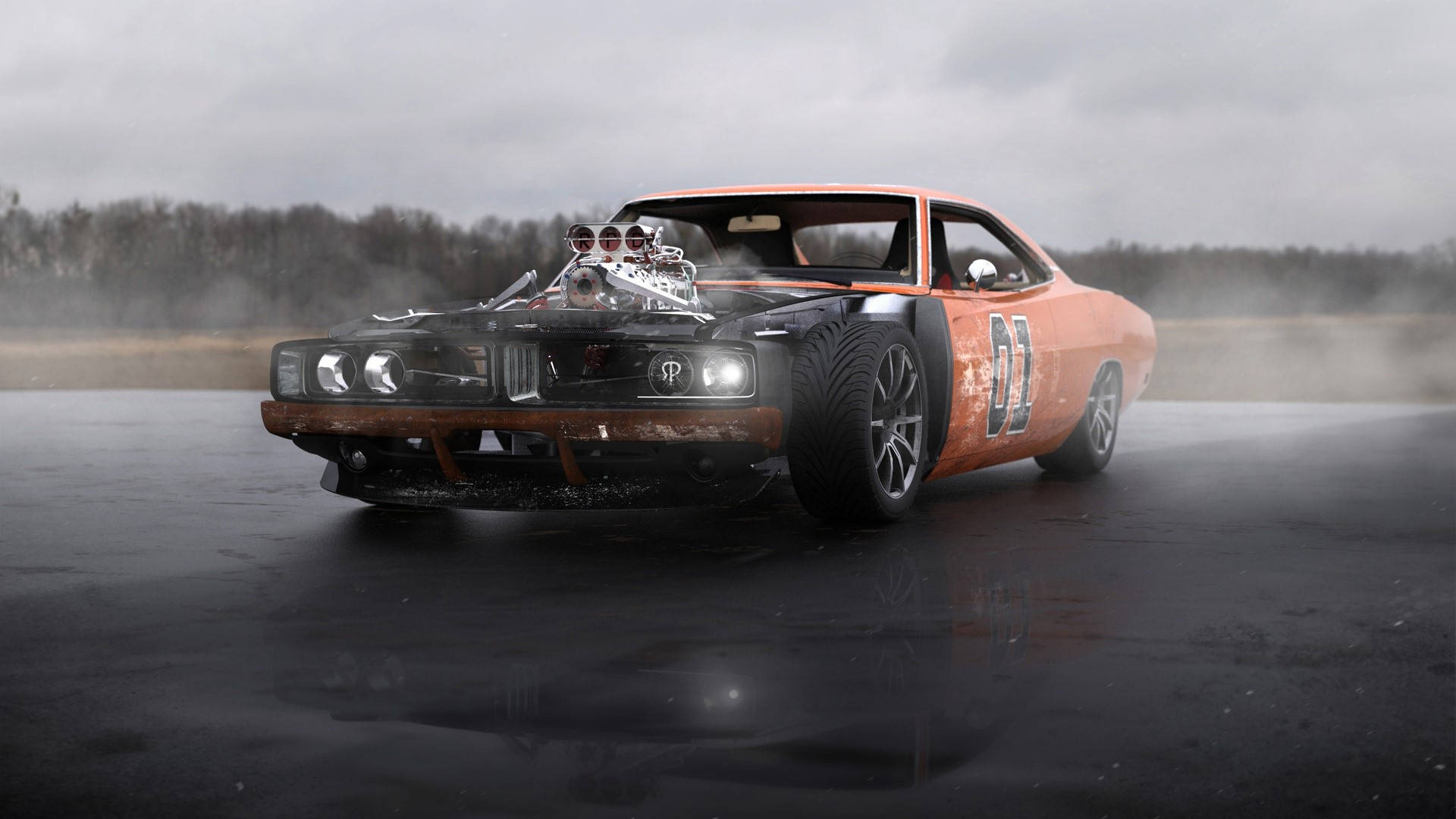 General Lee, orange and black, muscle car, Full HD Desktop Wallpaper