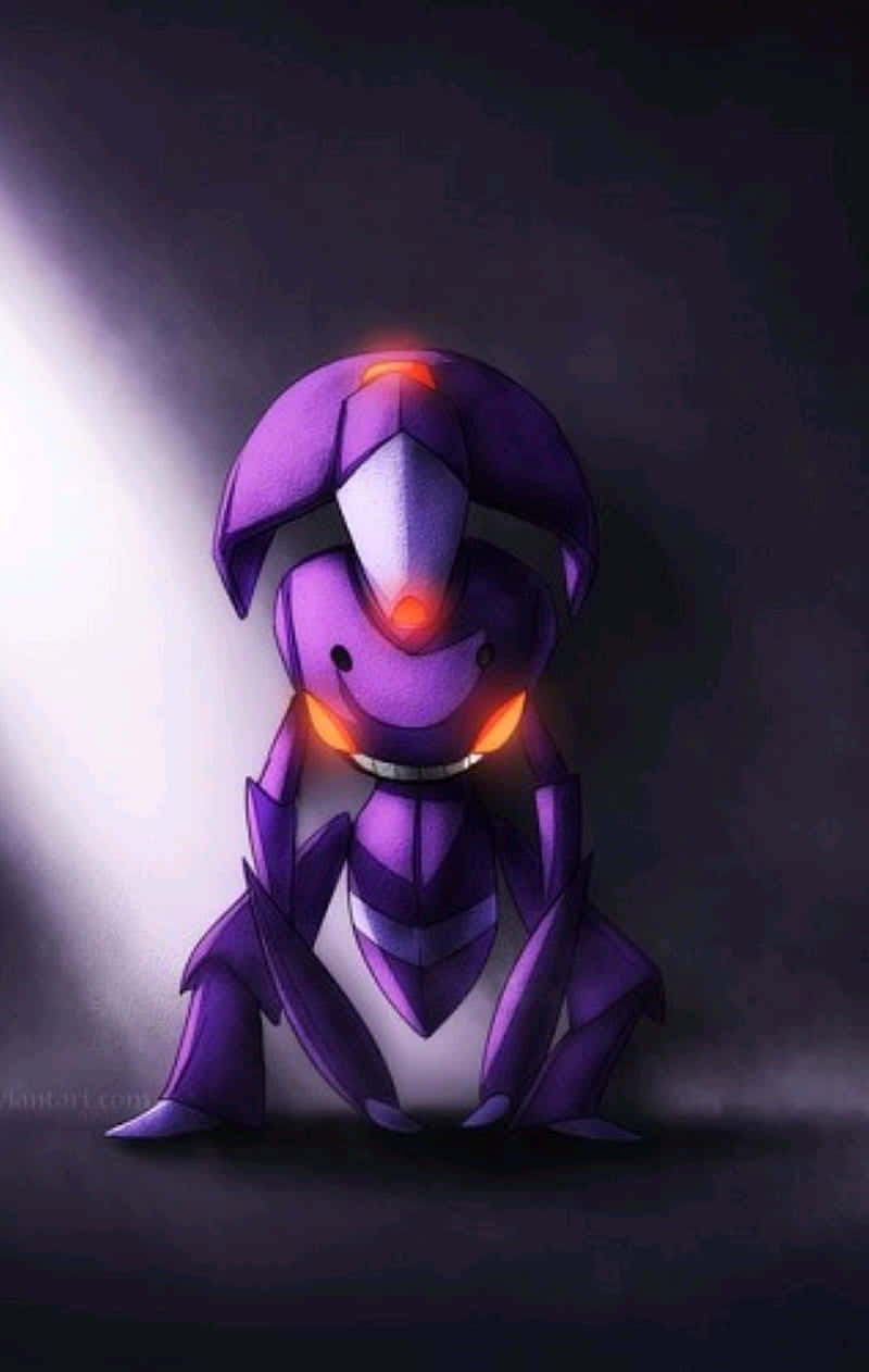 Purple Genesect, anime-style, glowing orange eyes, SD Phone Wallpaper