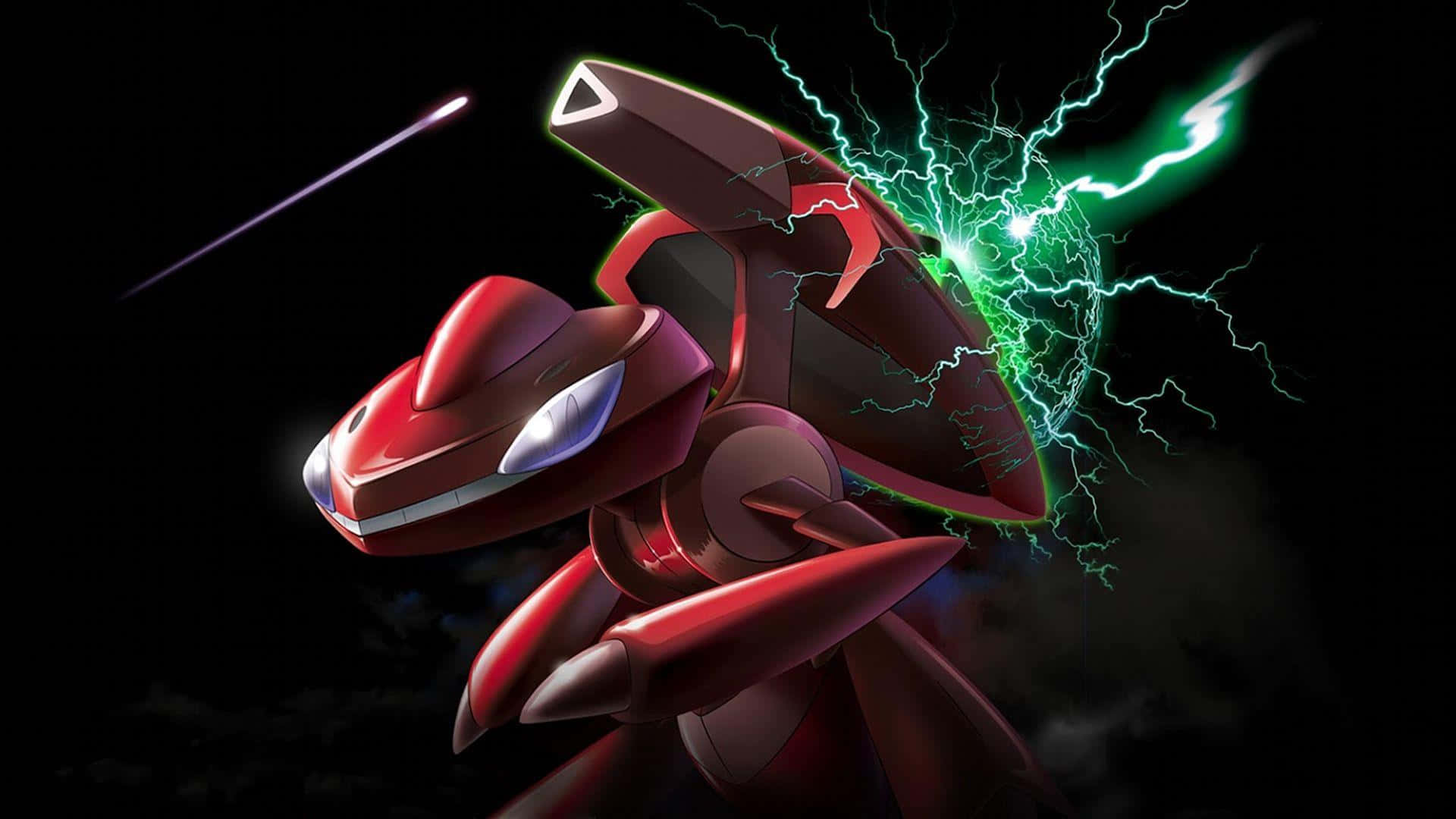 Red Genesect, black background, green lightning, Full HD Desktop Wallpaper