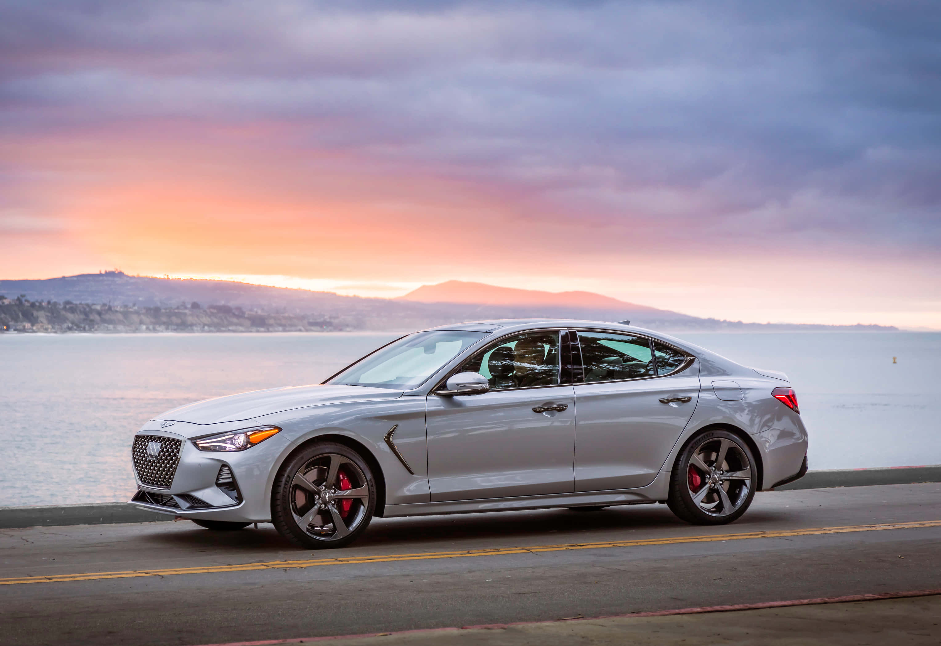 Genesis G70, silver, red brake calipers, 2K Desktop Wallpaper
