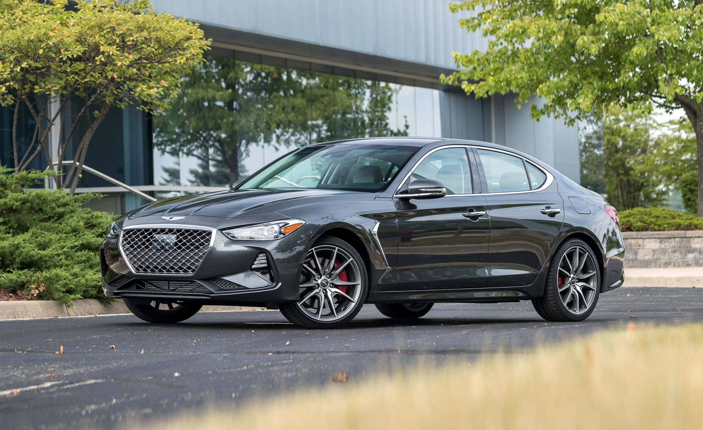 Genesis G70, dark gray, red brake calipers, Full HD Desktop Wallpaper