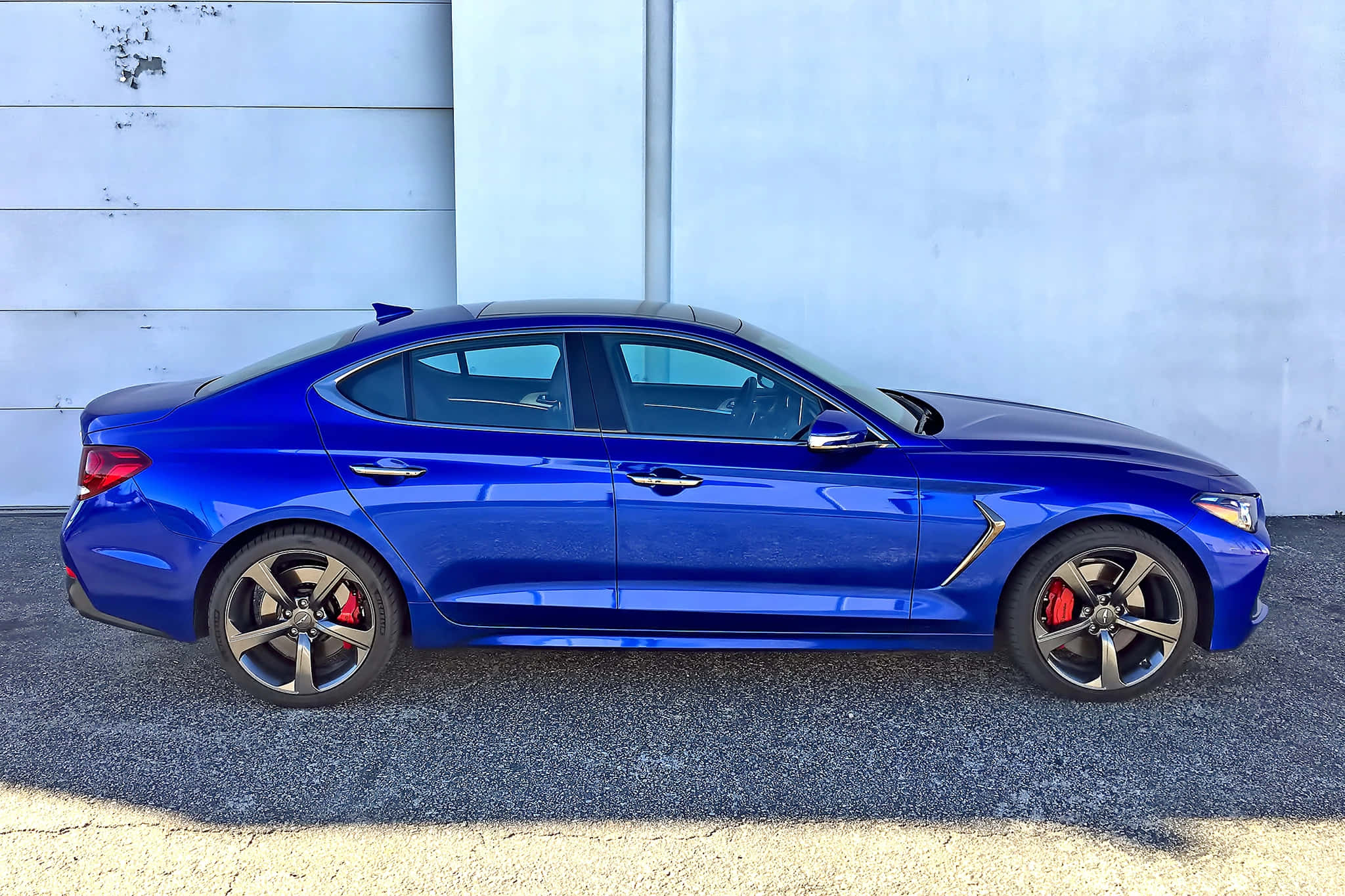 Genesis G70, vibrant blue, red brake calipers, Full HD Desktop Wallpaper