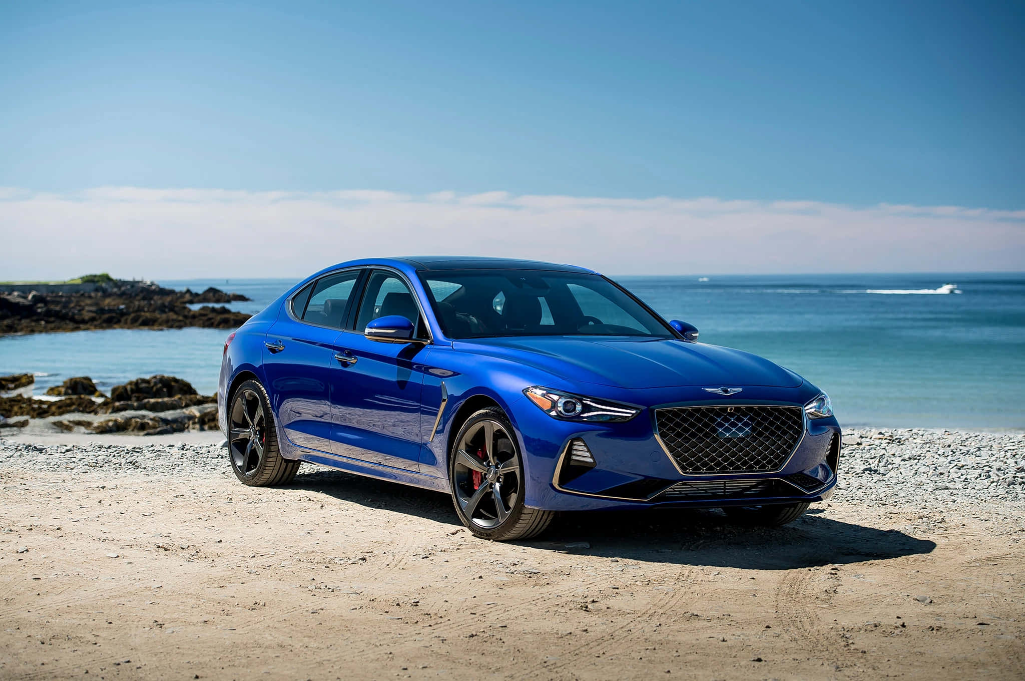 Genesis G70, blue, sunlit beach, Full HD Desktop Wallpaper