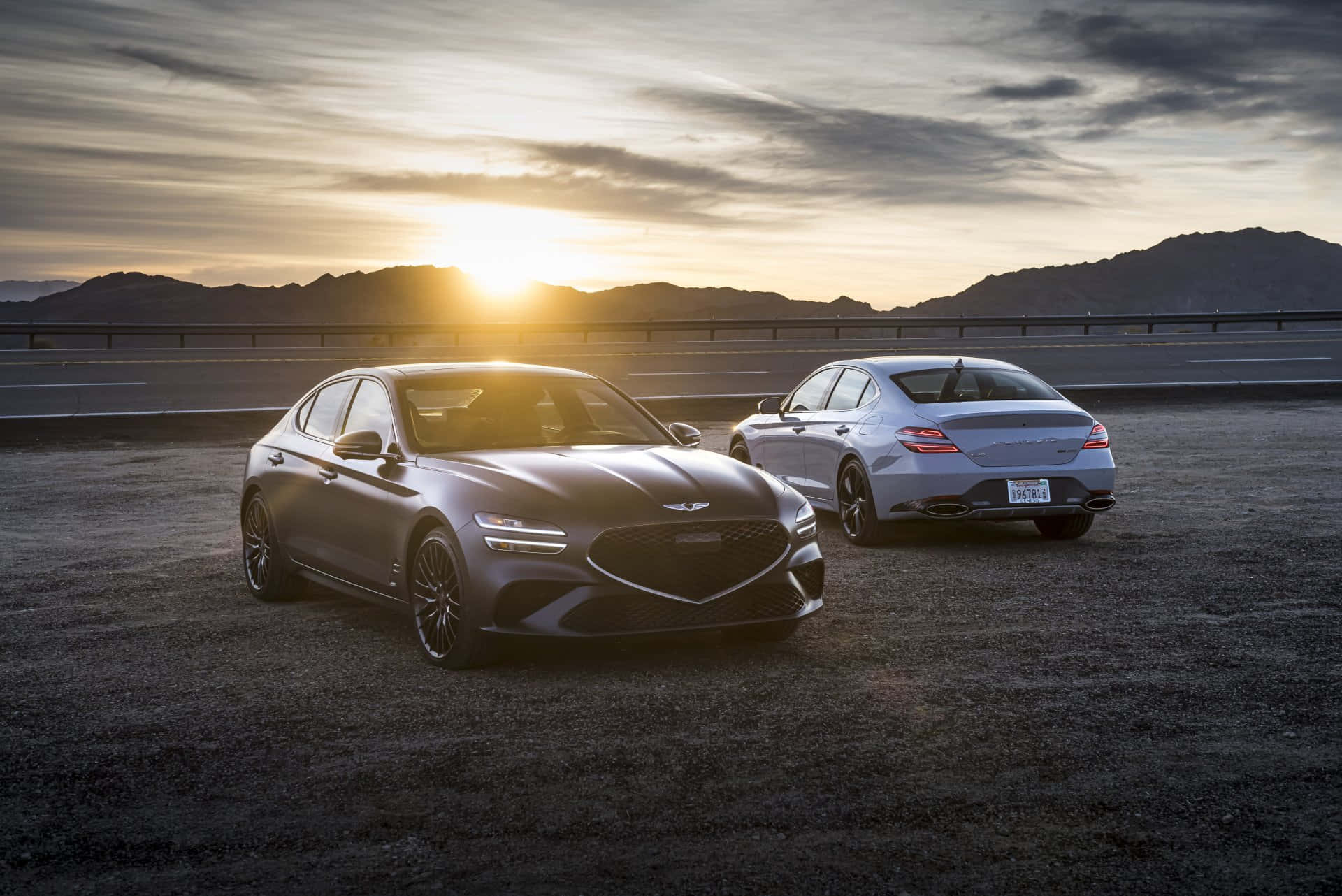 Genesis G70, desert highway, sunset, Full HD Desktop Wallpaper