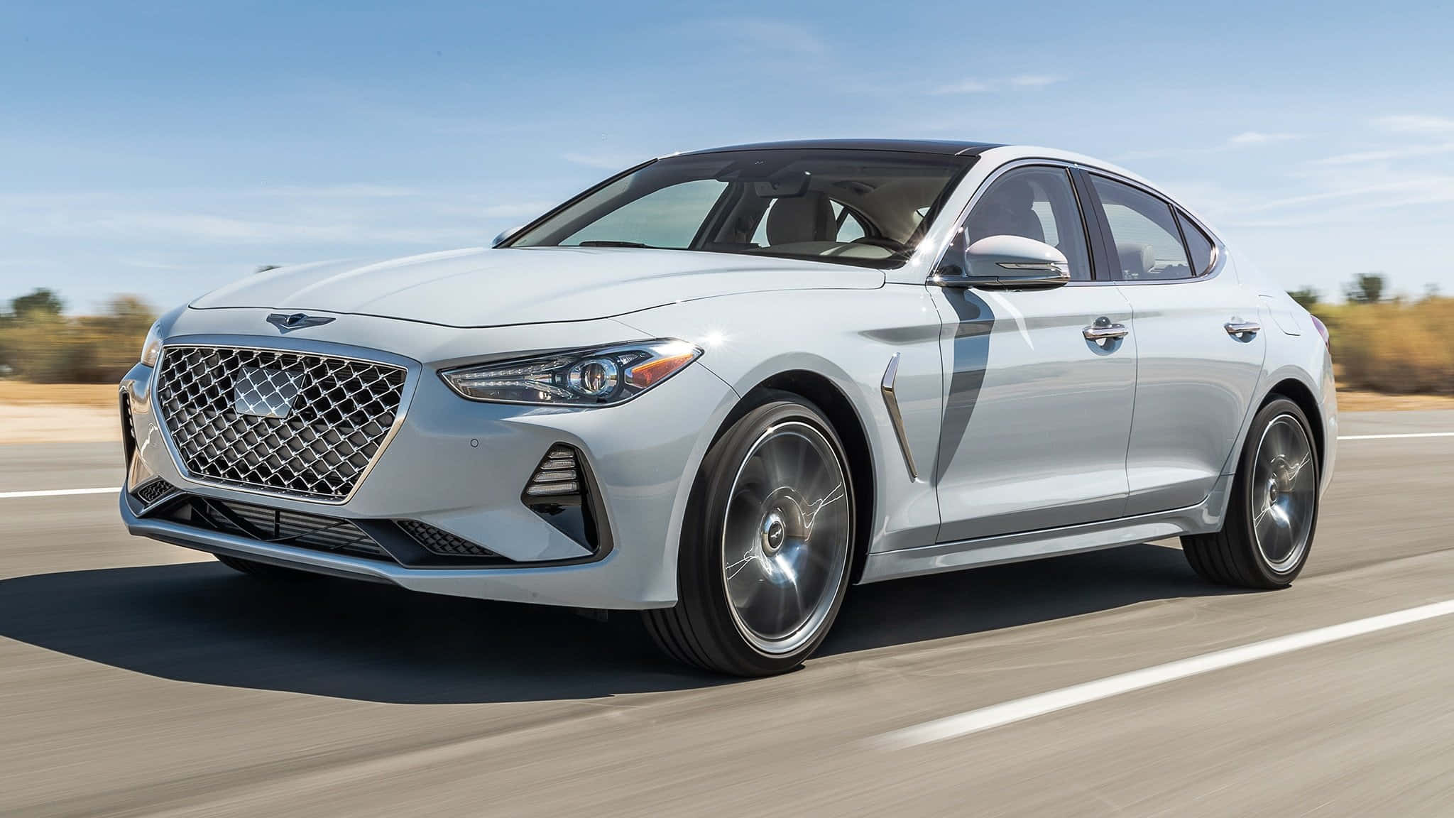 Genesis G70, silver, sunlit highway, Full HD Desktop Wallpaper
