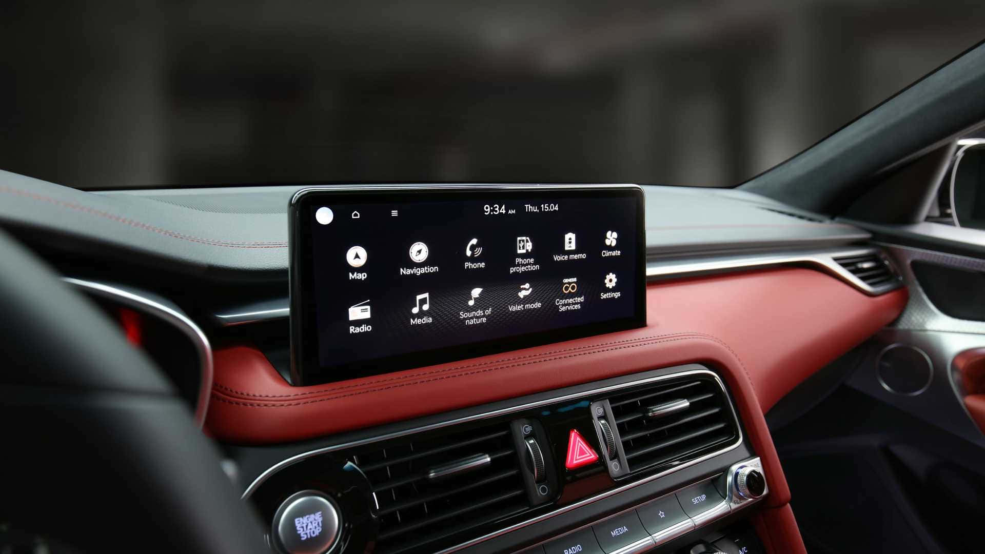Genesis G70, infotainment screen, red leather dashboard, Full HD Desktop Wallpaper