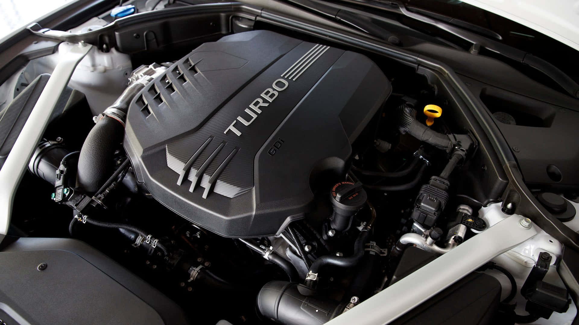 Genesis G70, black turbo engine cover, white car, Full HD Desktop Wallpaper