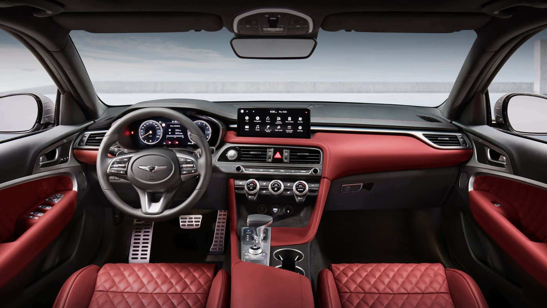 Genesis G70, red quilted leather seats, black dashboard, Full HD Desktop Wallpaper