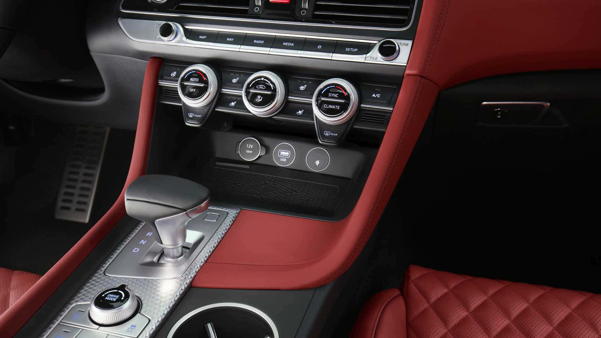 Genesis G70, red quilted leather seats, silver gear shift, Full HD Desktop Wallpaper