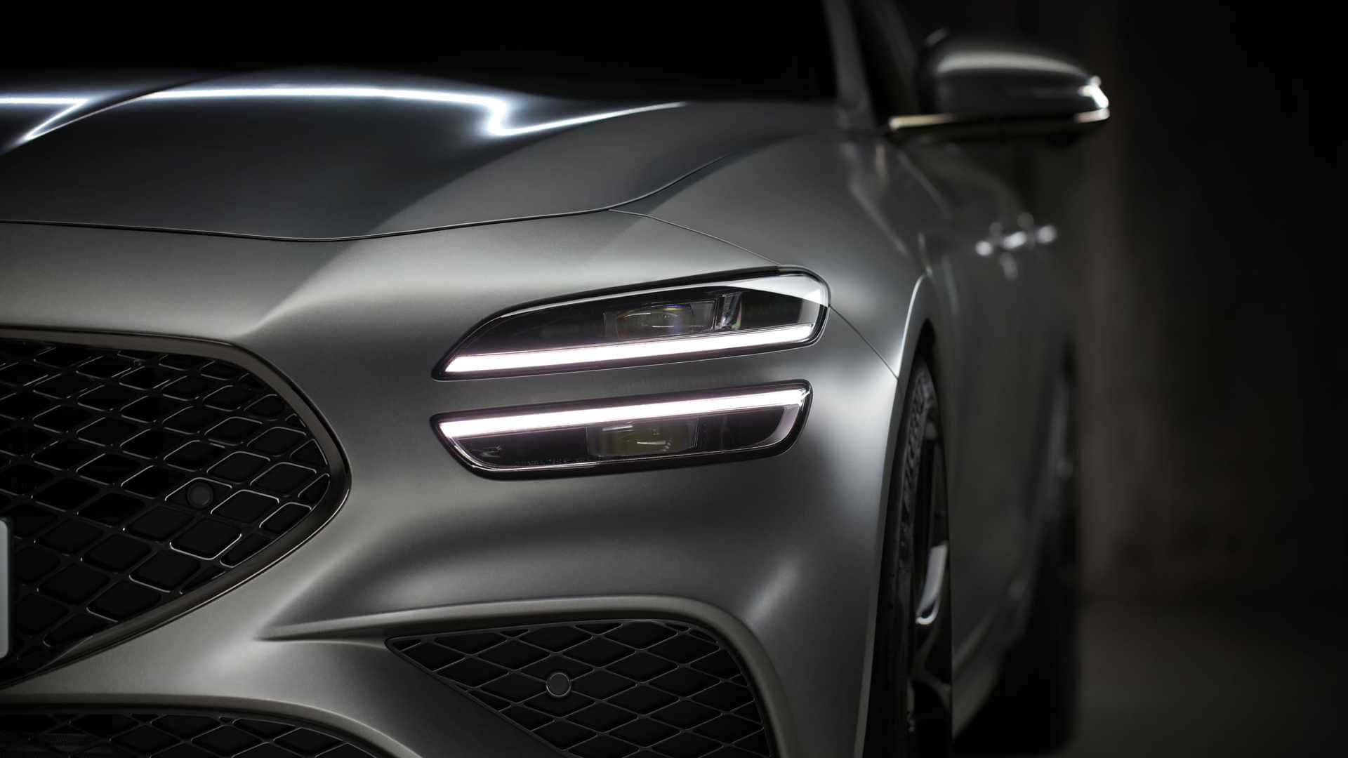 Genesis G70, matte silver, glowing headlights, Full HD Desktop Wallpaper