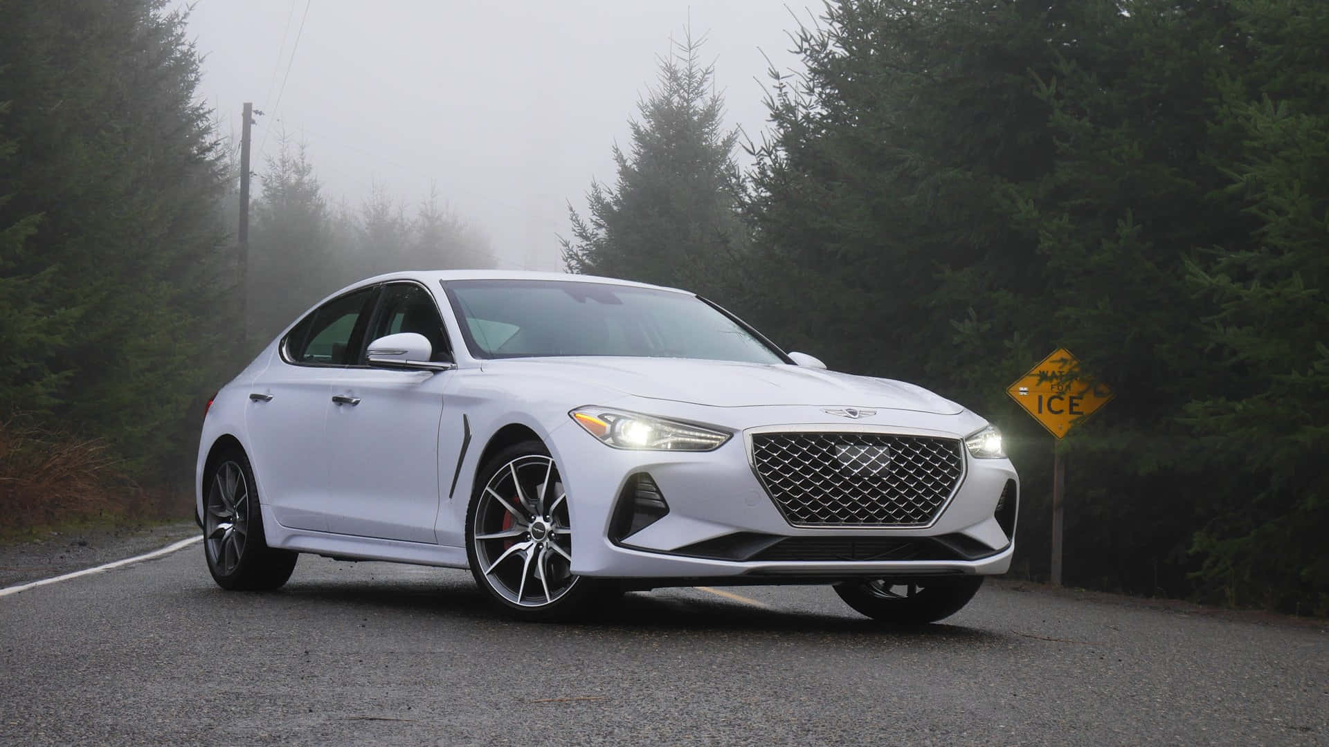 Genesis G70, white sedan, misty forest road, Full HD Desktop Wallpaper