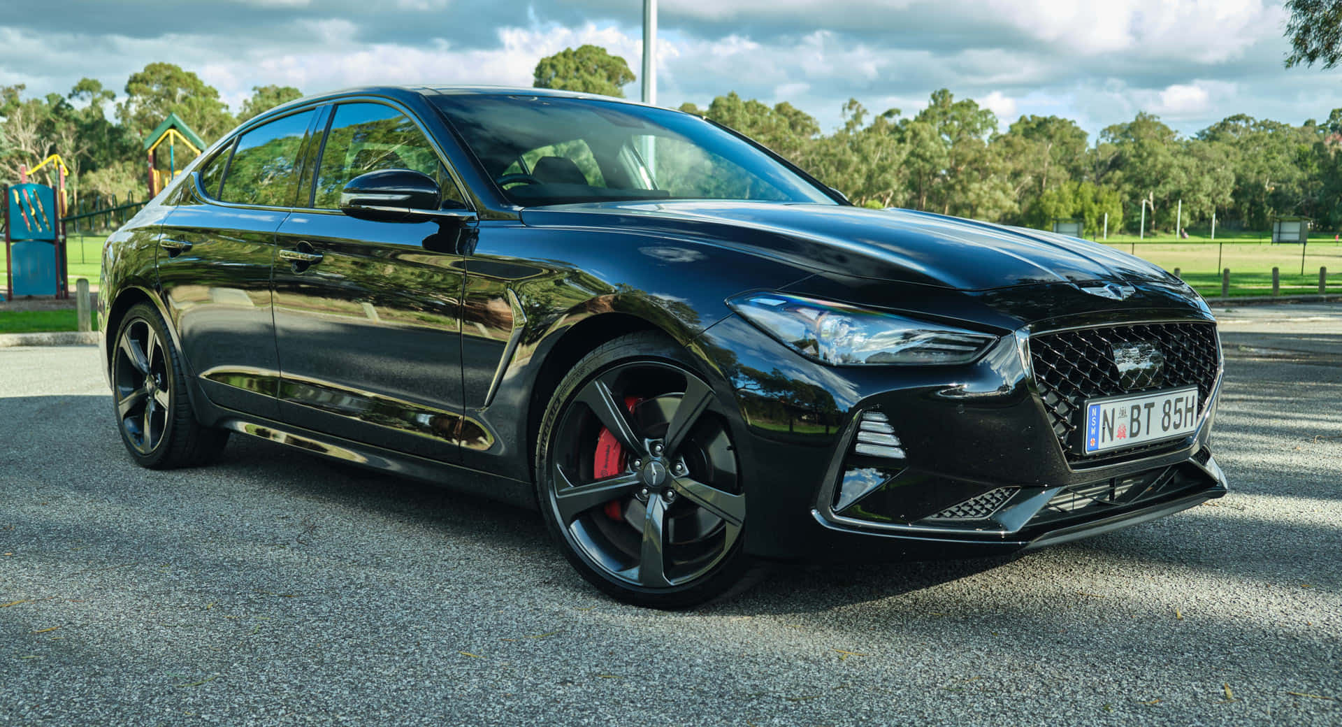 Genesis G70, black, red brake calipers, Full HD Desktop Wallpaper